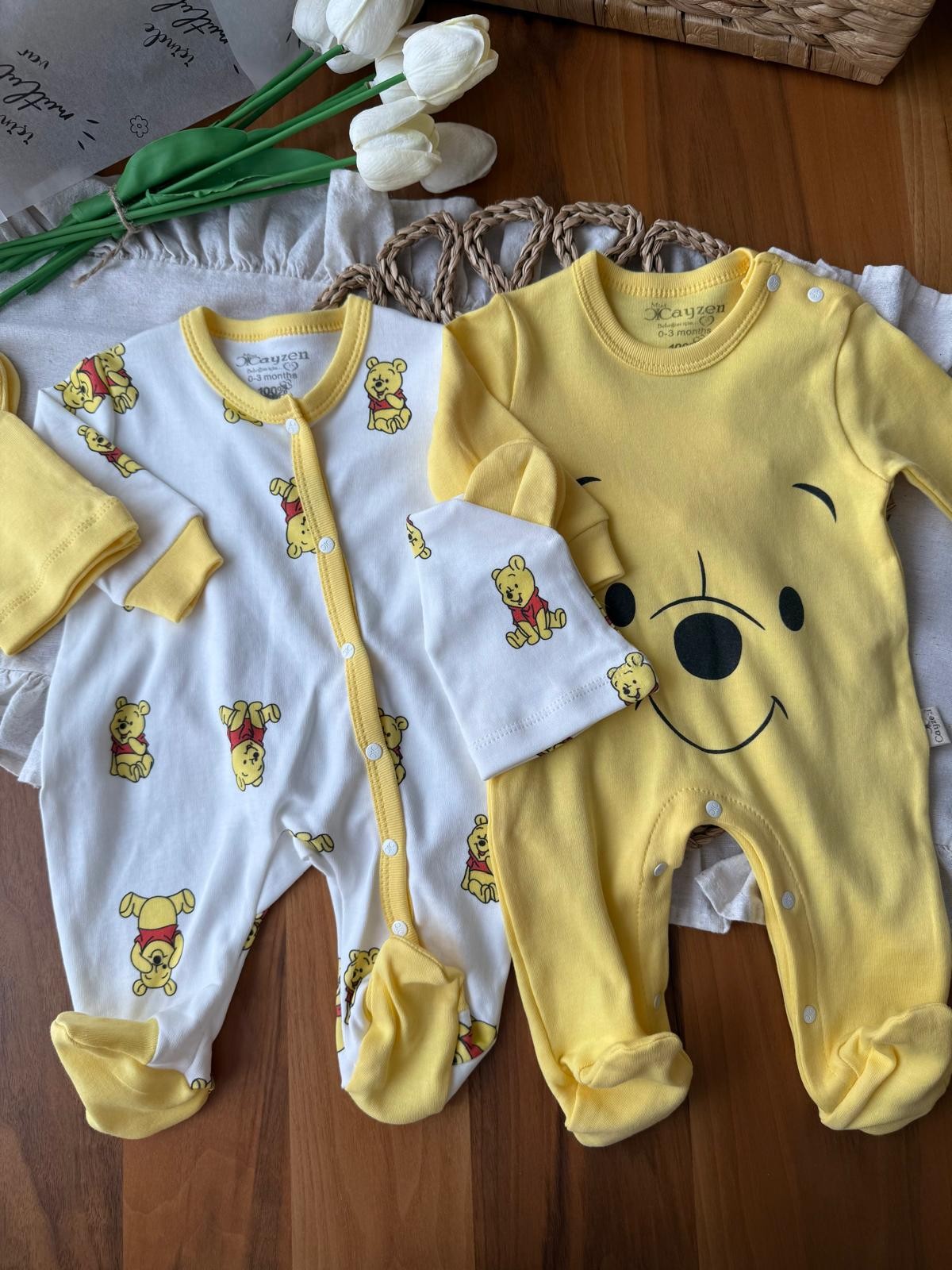 Erkek Bebek Winnie Baskılı Şapkalı Tulum 2'li