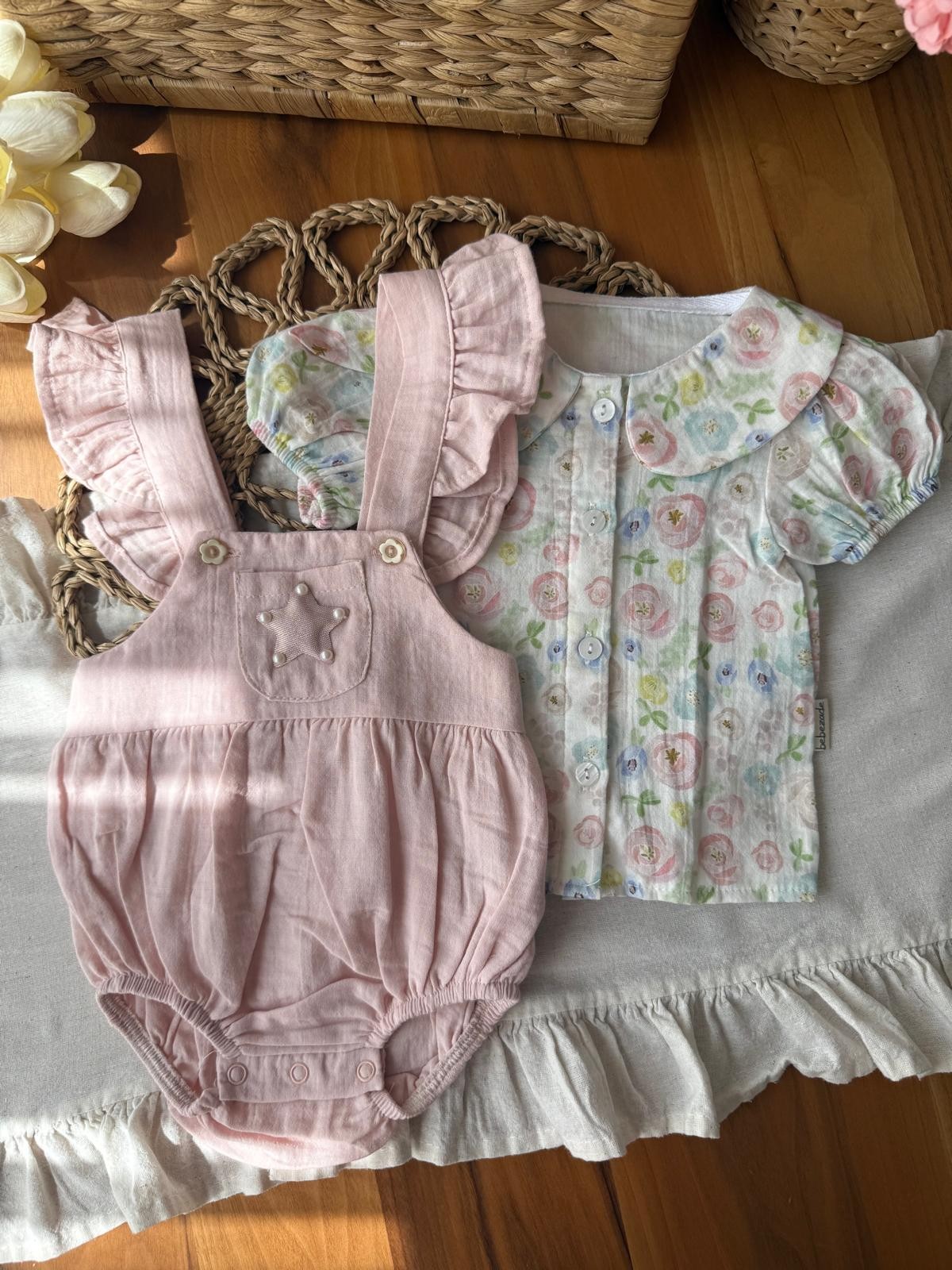 Kız Bebek Pembe Çiçekli Romper Takım