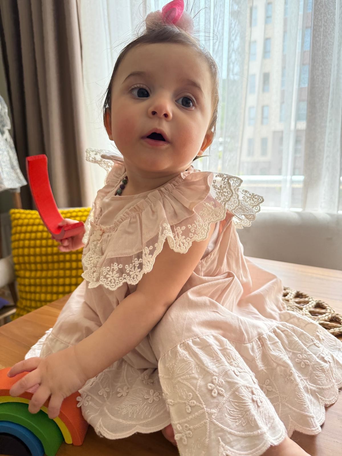 Kız Bebek Fistolu Fırfırlı Pudra Elbise