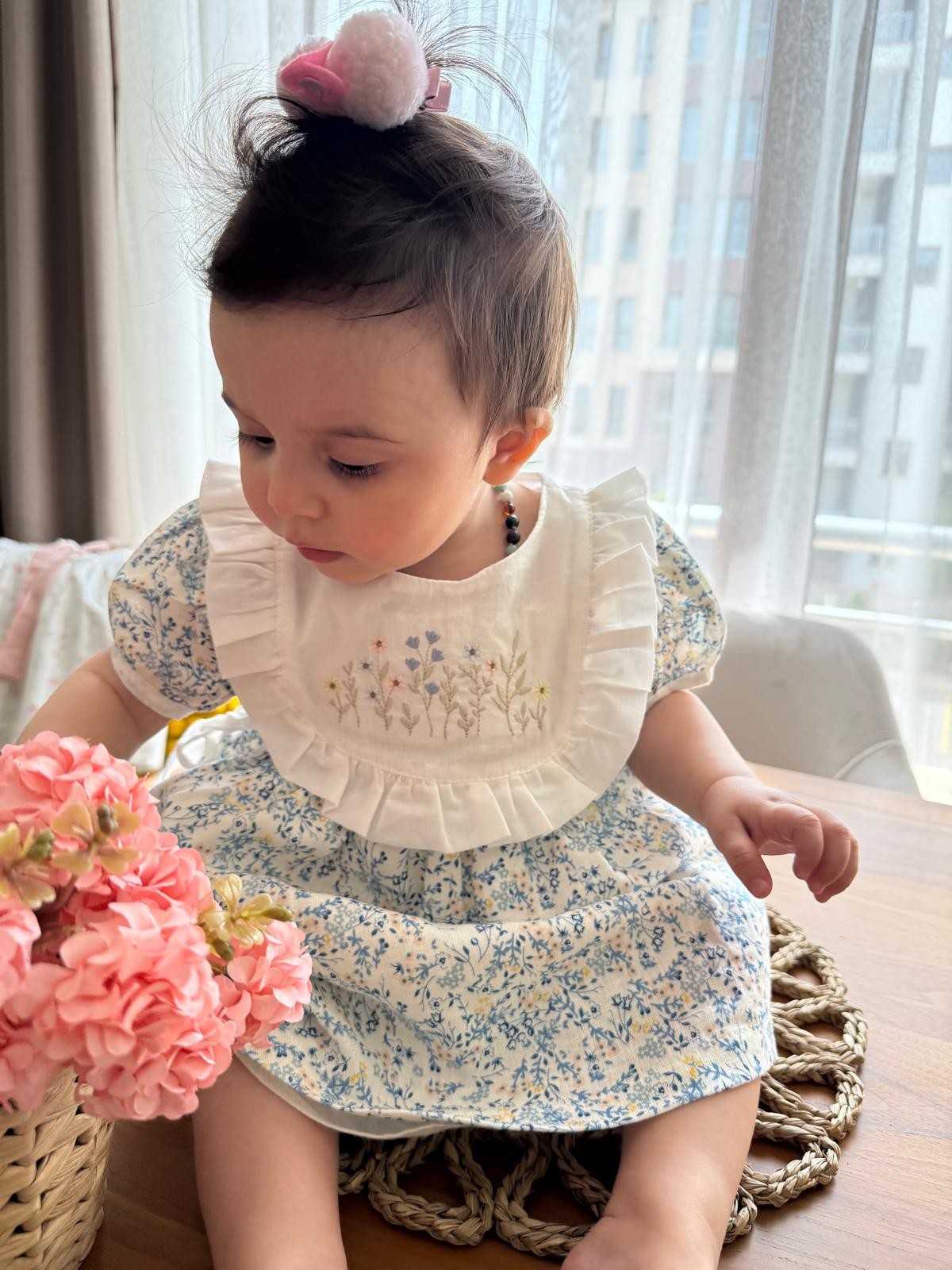 Kız Bebek Çiçek Nakışlı Mavi Çiçekli Elbise