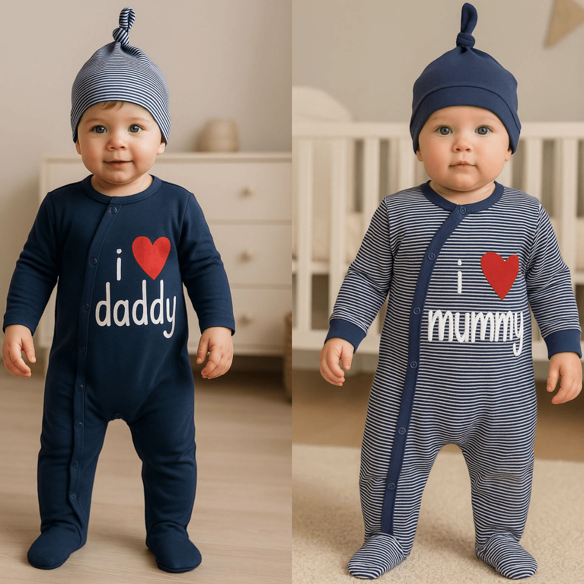 Unisex Çizgili Lacivert Şapkalı 2'li Tulum