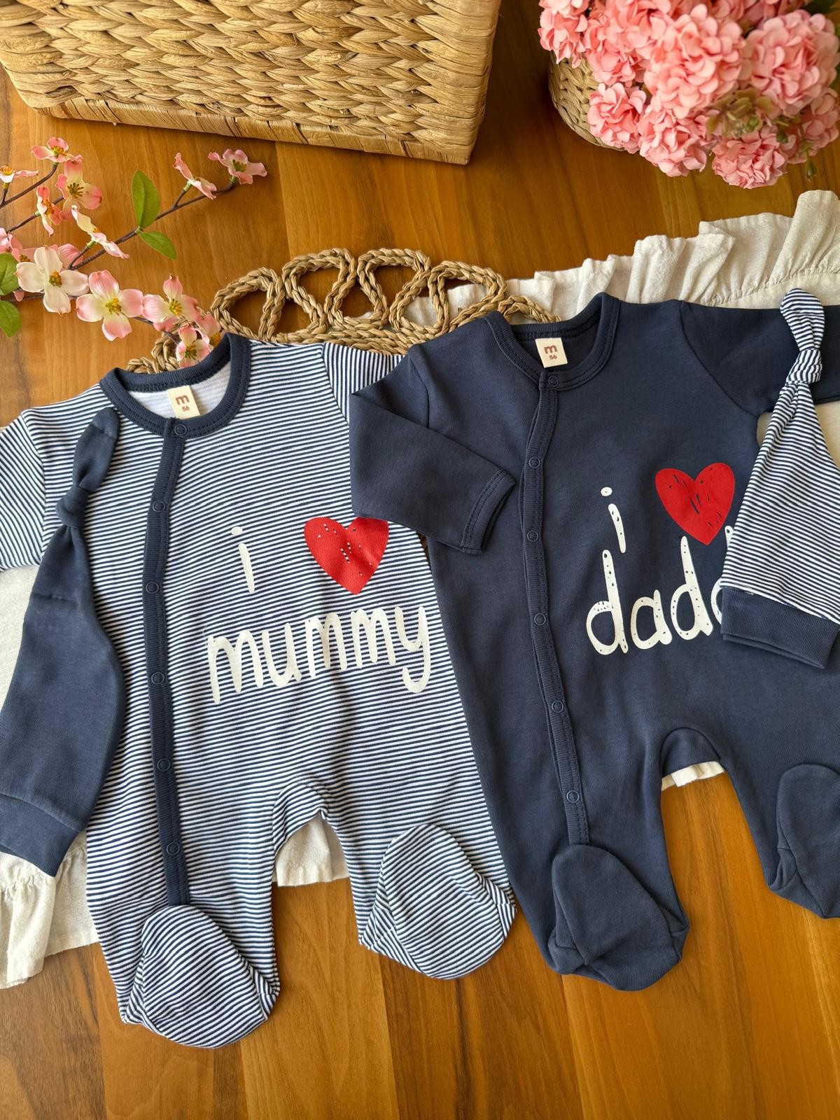 Unisex Çizgili Lacivert Şapkalı 2'li Tulum