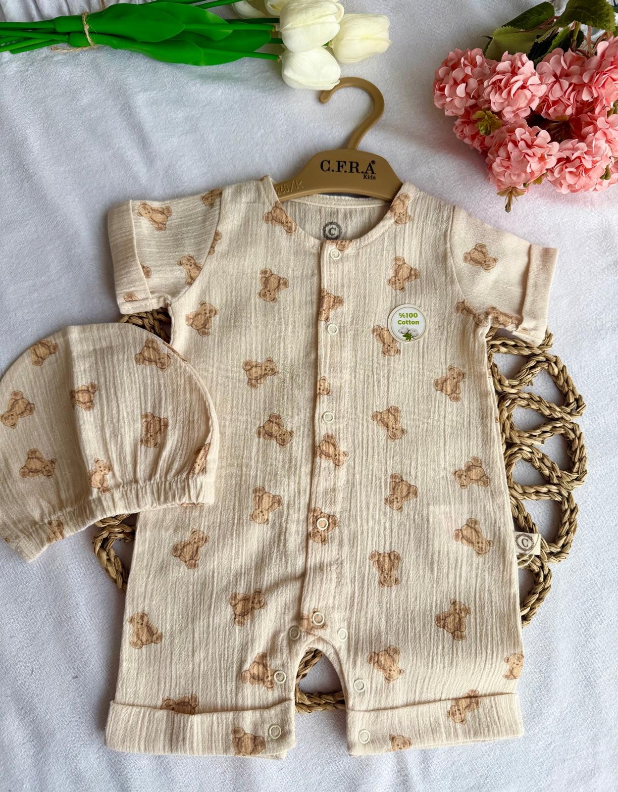 Unisex Krem Teddy Müslin Şapkalı Tulum