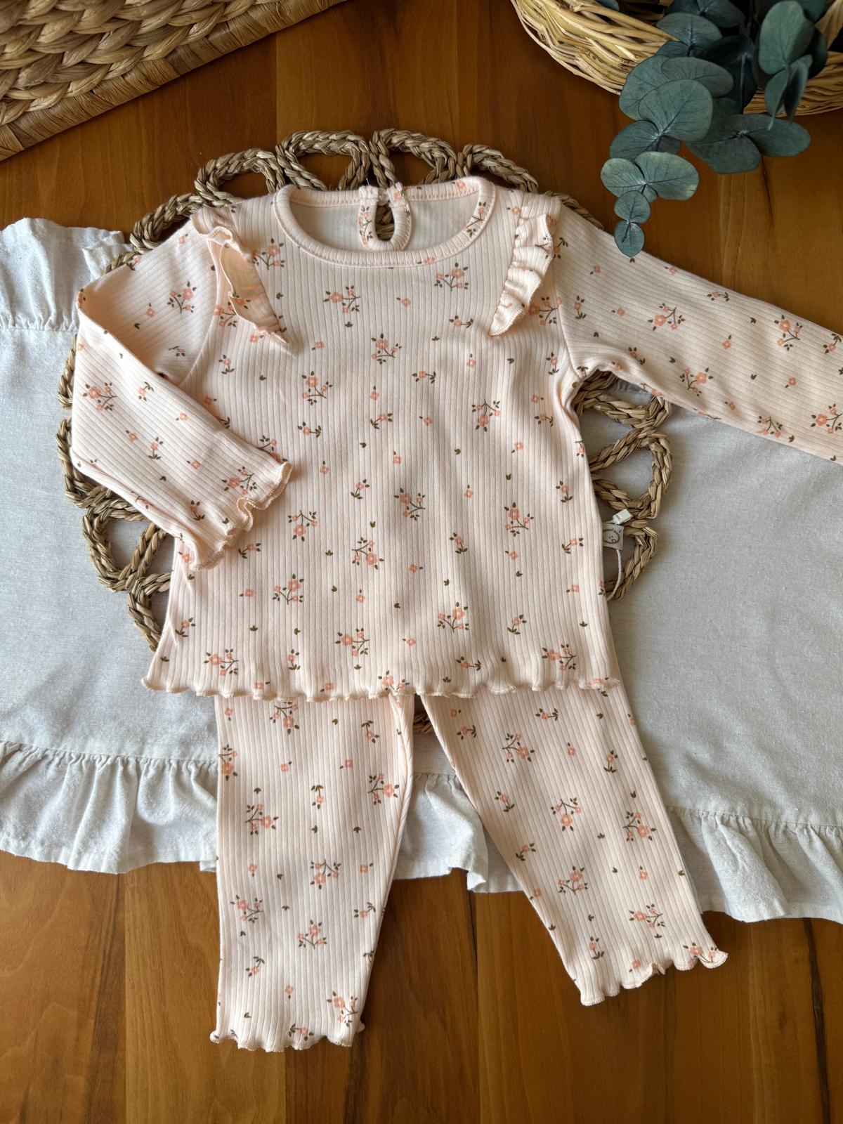 Kız Bebek Somon Çiçekli Fırfırlı 2'li Takım