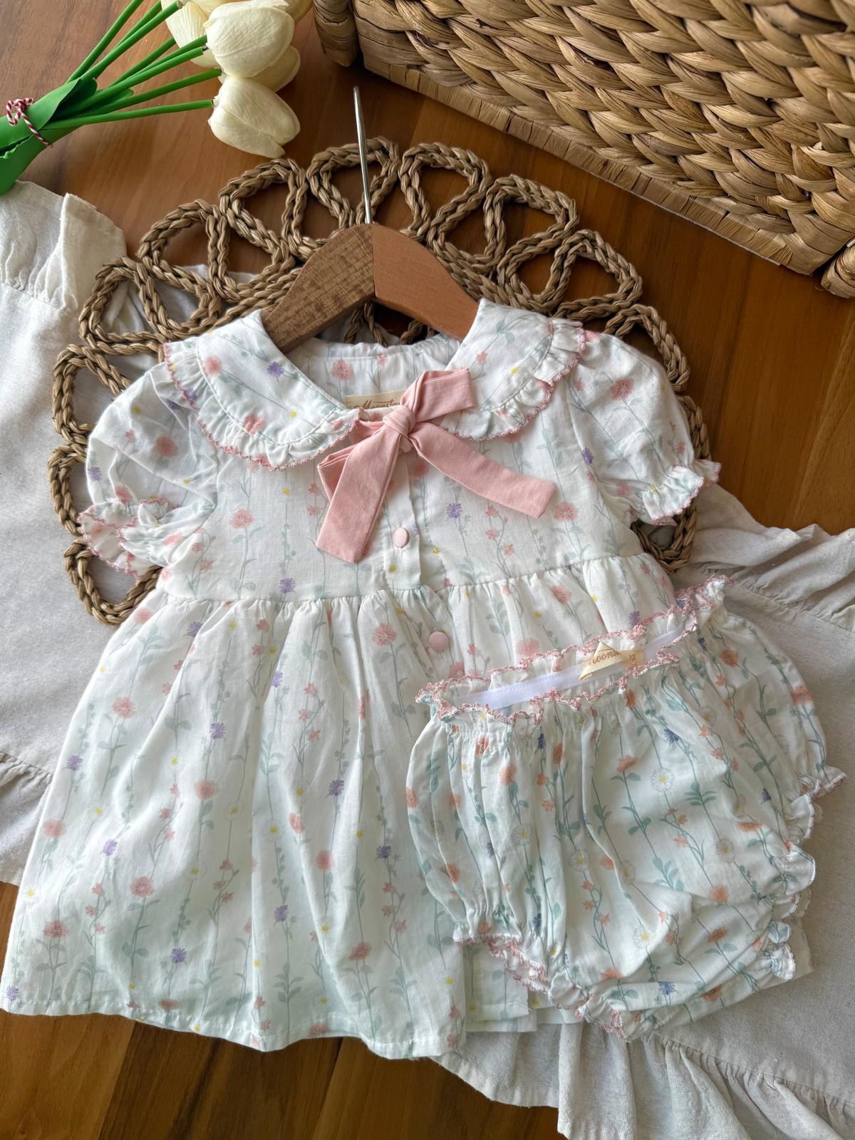 Kız Bebek Pudra Fiyonk Çiçekli Elbise