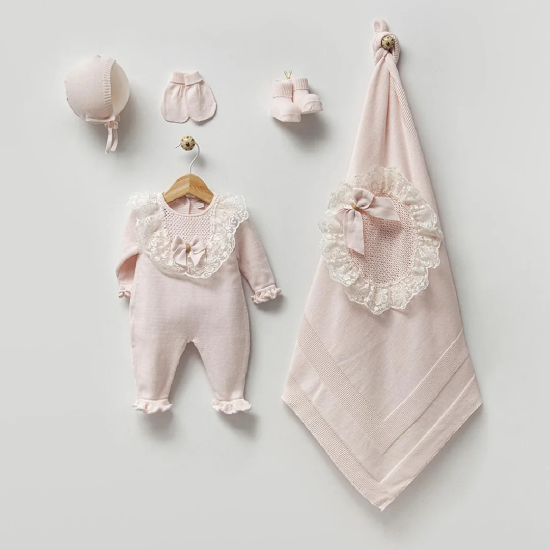 Kız Bebek %100 Organik Pembe 0-3 Ay Dantelli 5'li Set