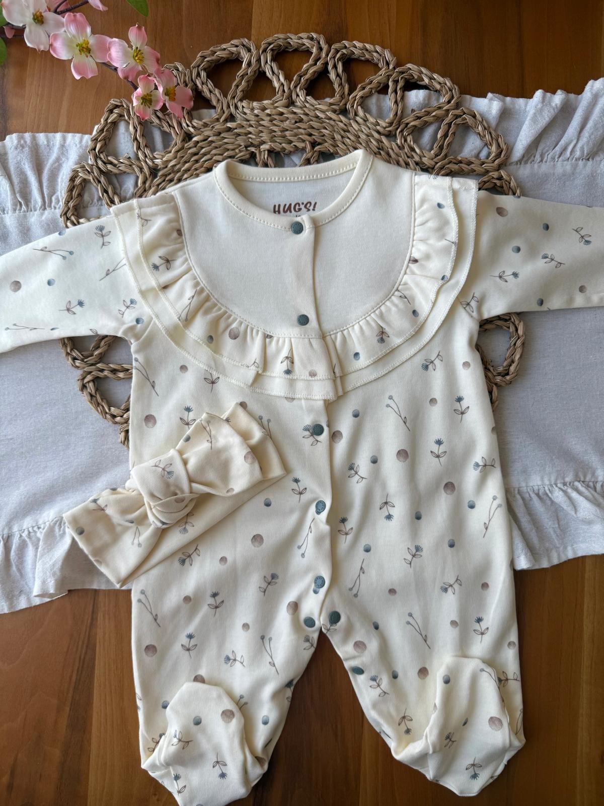 Kız Bebek Bandanalı Çiçek Desenli Krem Tulum