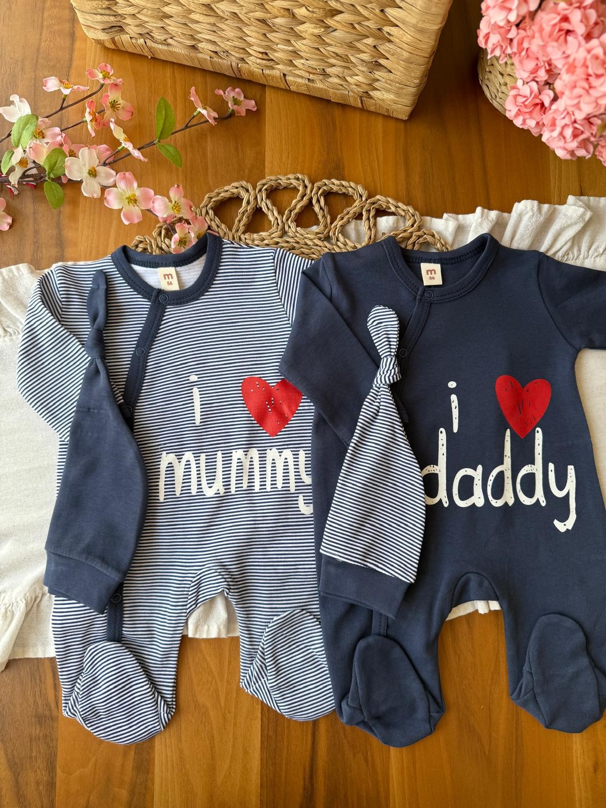 Unisex Çizgili Lacivert Şapkalı 2'li Tulum