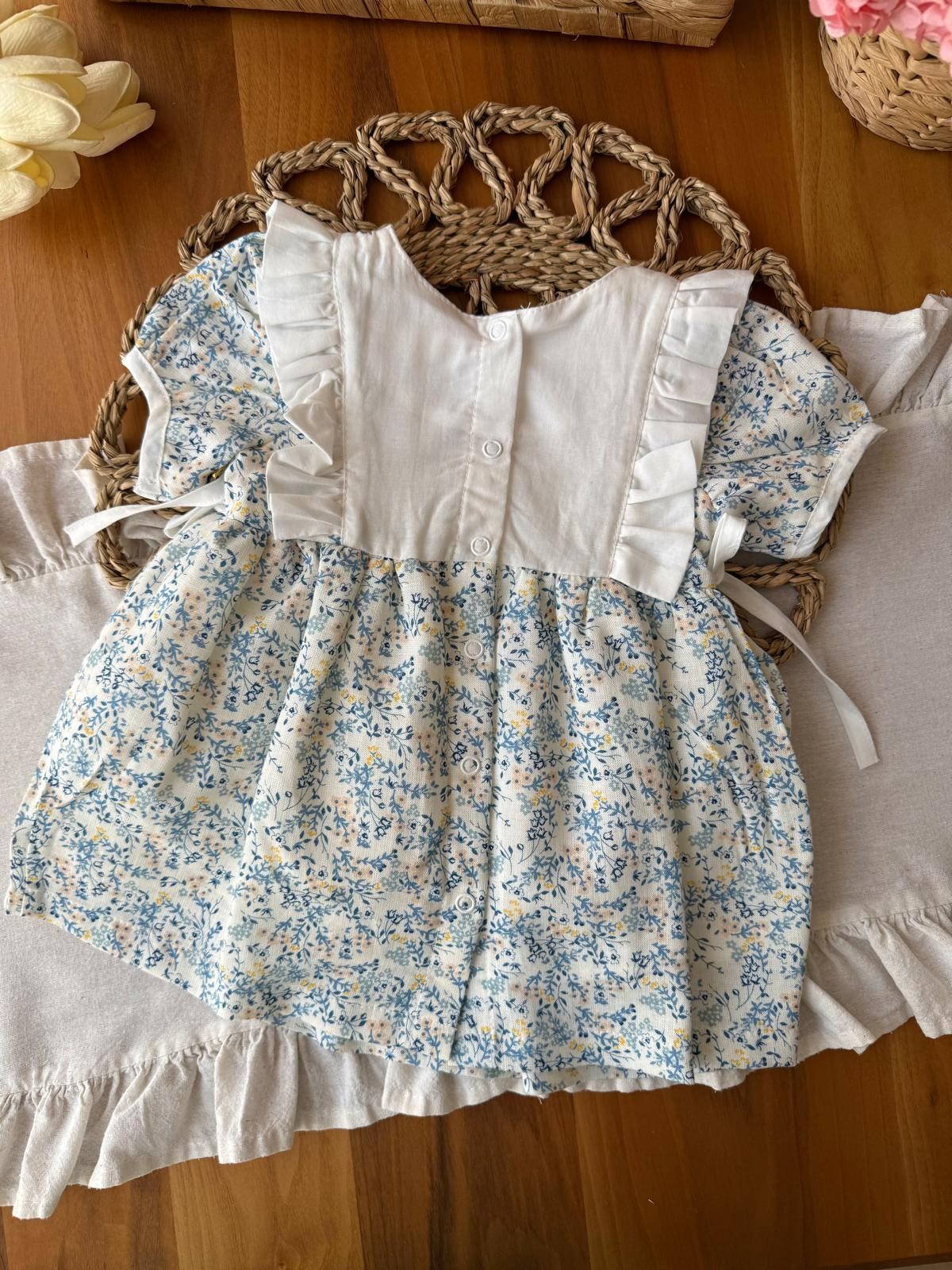 Kız Bebek Çiçek Nakışlı Mavi Çiçekli Elbise