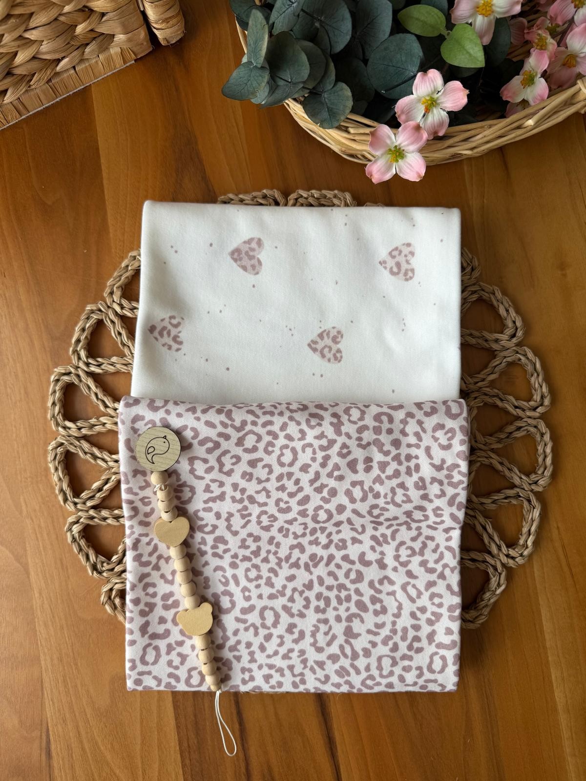 Kız Bebek Kalpli Leoparlı 2'li Penye Battaniye Set