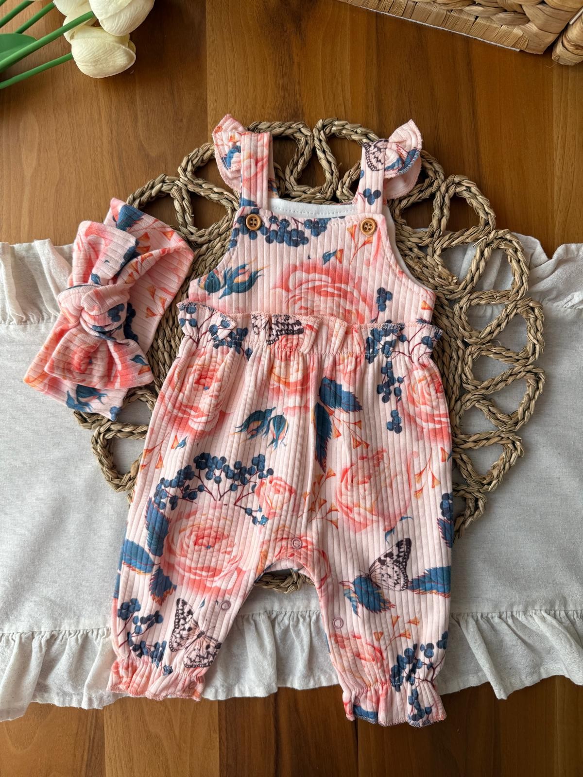 Kız Bebek Çiçekli Bandanalı Pudra Tulum