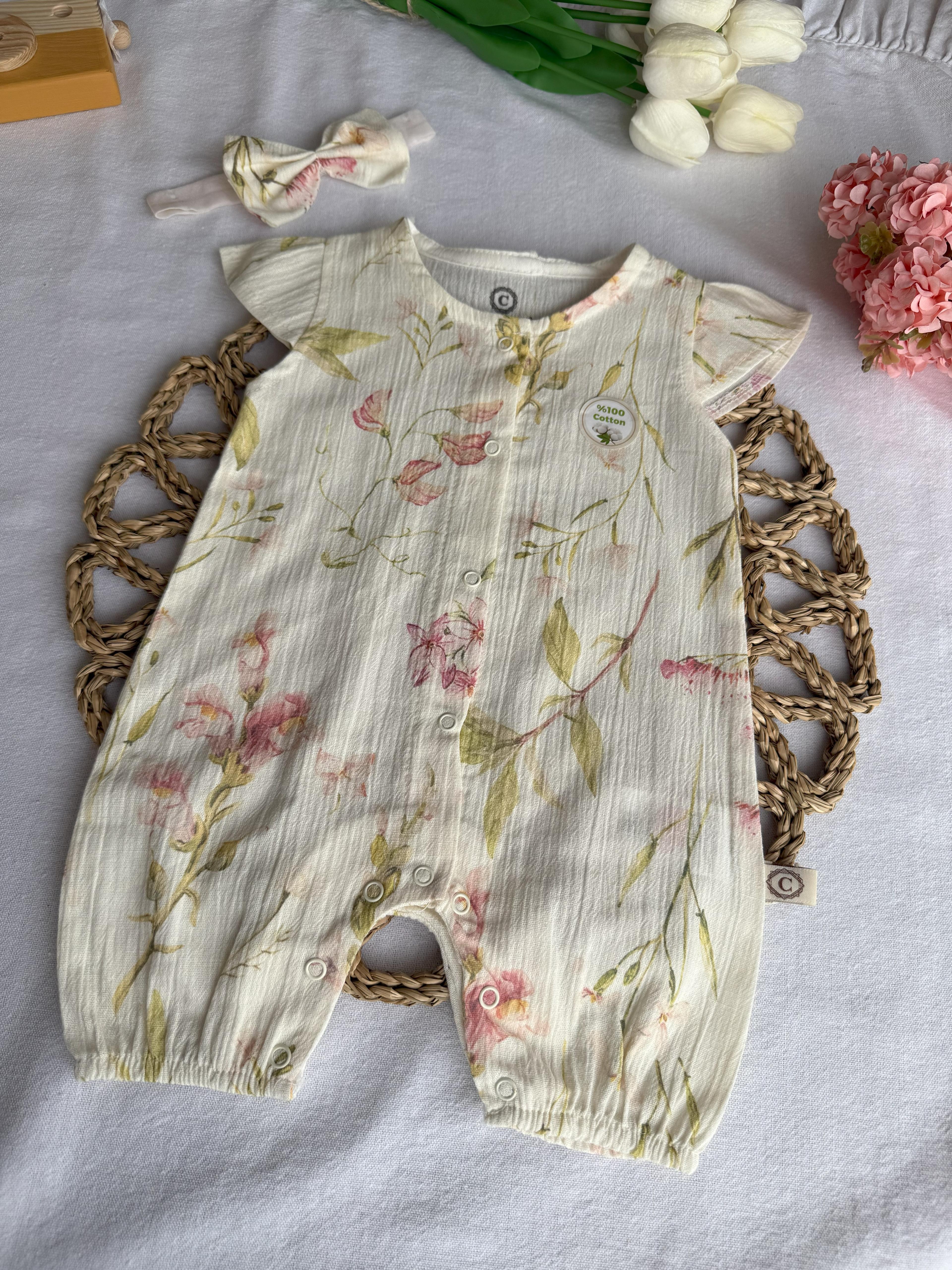 Kız Bebek Çiçekli Ekru Müslin Tulum