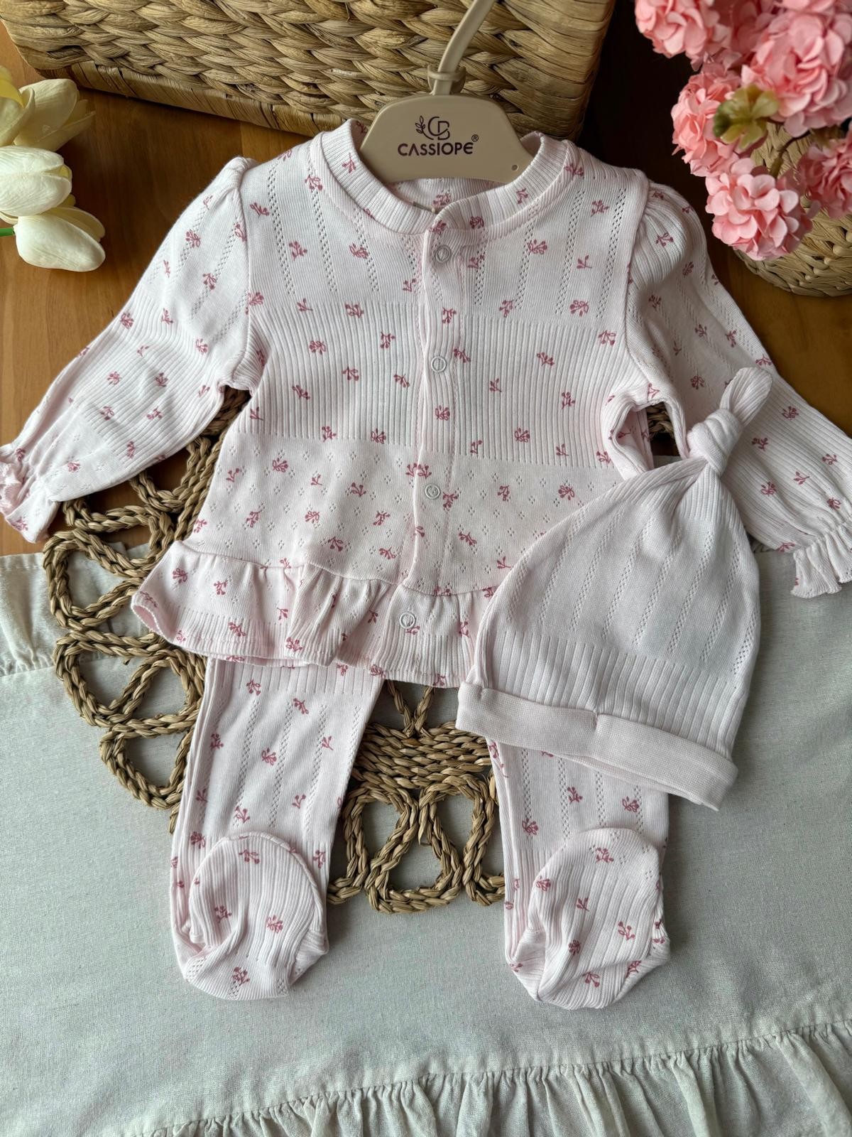 Kız Bebek Çiçek Baskılı Pembe Üçlü Takım