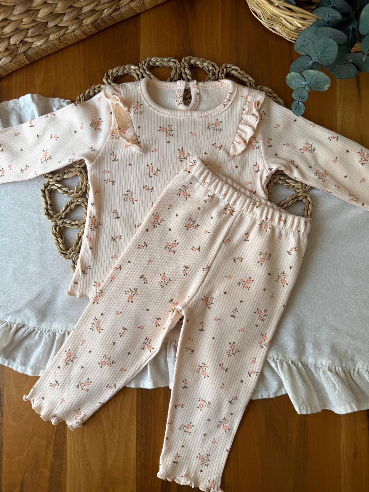 Kız Bebek Somon Çiçekli Fırfırlı 2'li Takım