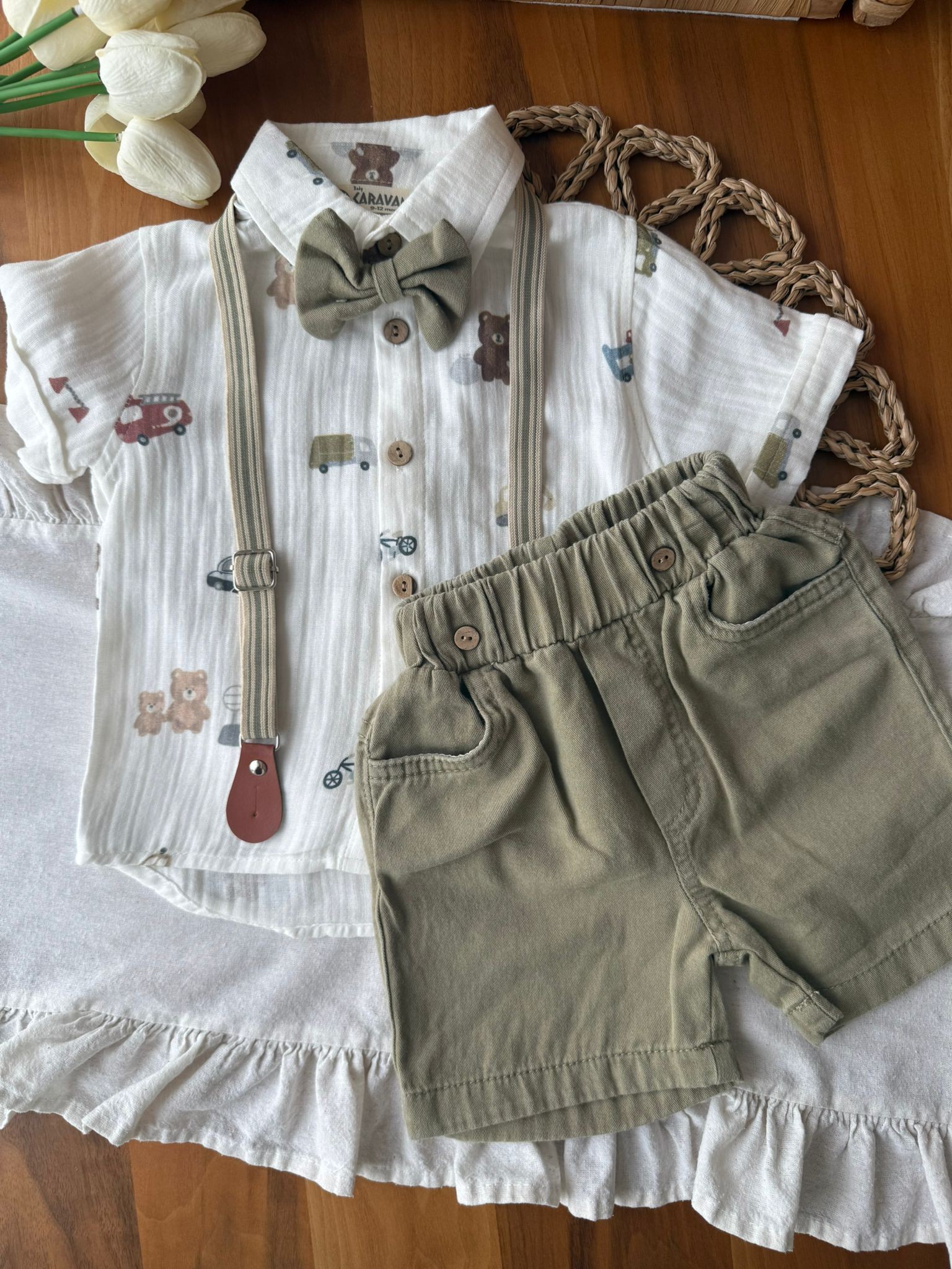 Erkek Bebek Ayı Oto Baskılı Şortlu Mint Takım