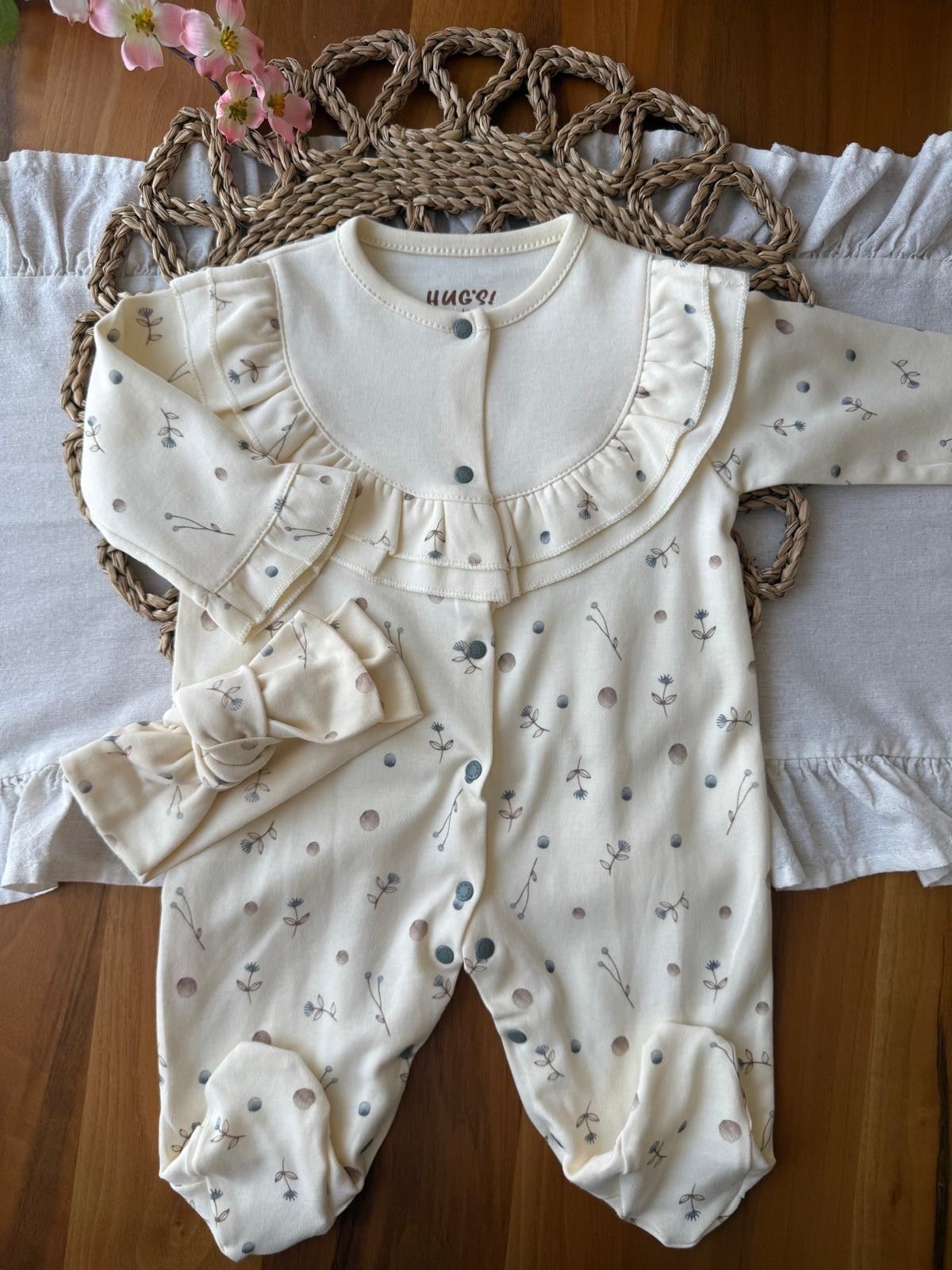Kız Bebek Bandanalı Çiçek Desenli Krem Tulum