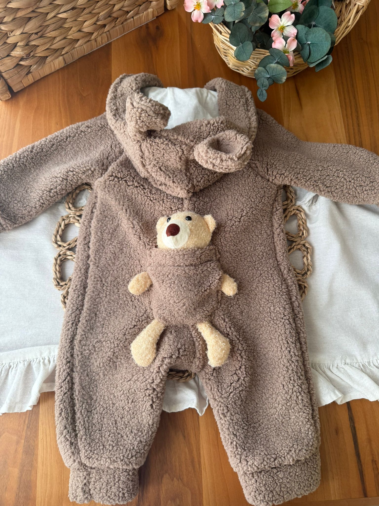 Unisex Kahverengi Şapkalı Tulum