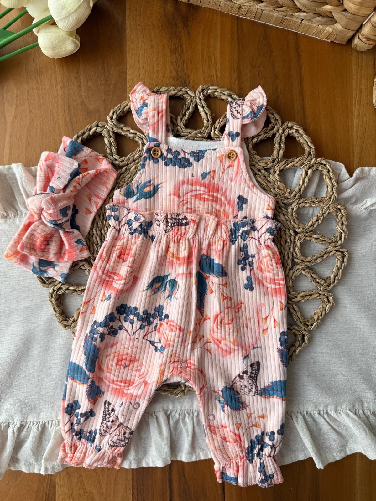 Kız Bebek Çiçekli Bandanalı Pudra Tulum