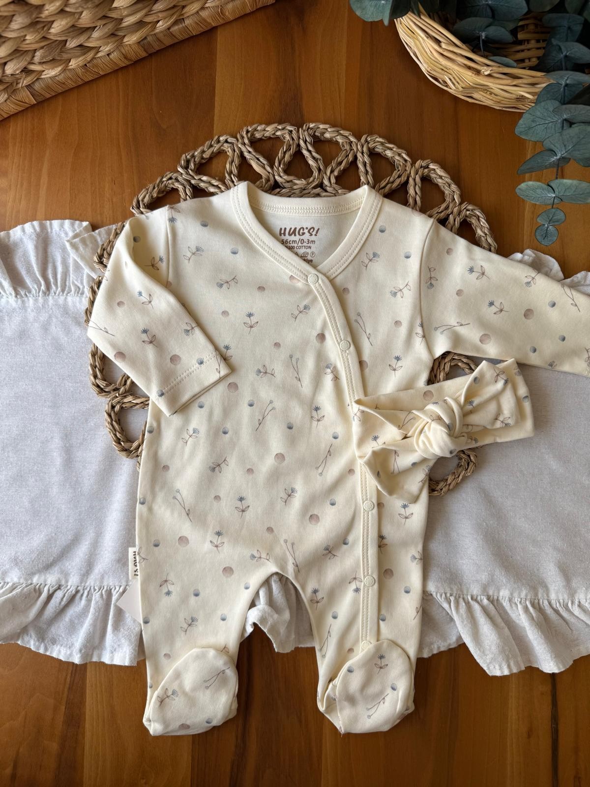 Kız Bebek Bandanalı Krem Tulum