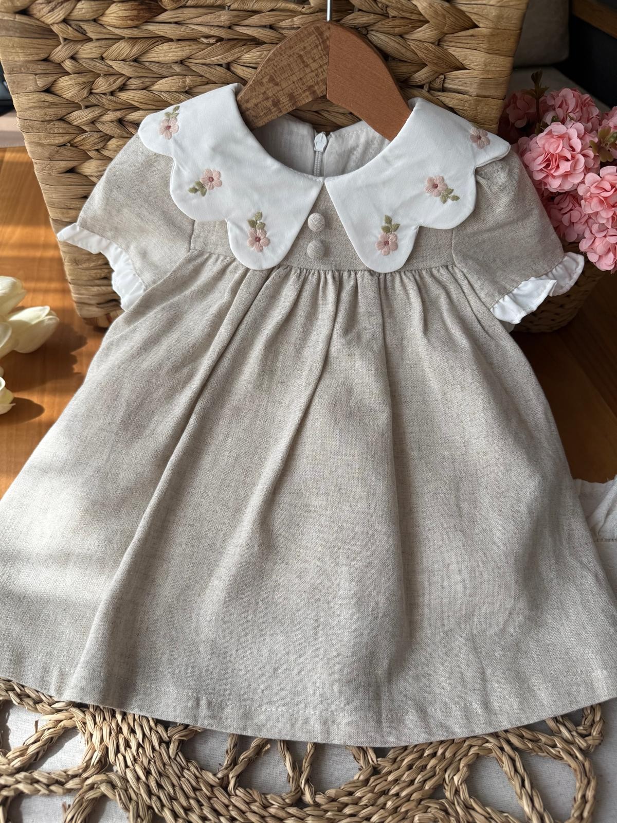 Kız Bebek %100 Keten Nakışlı  Elbise