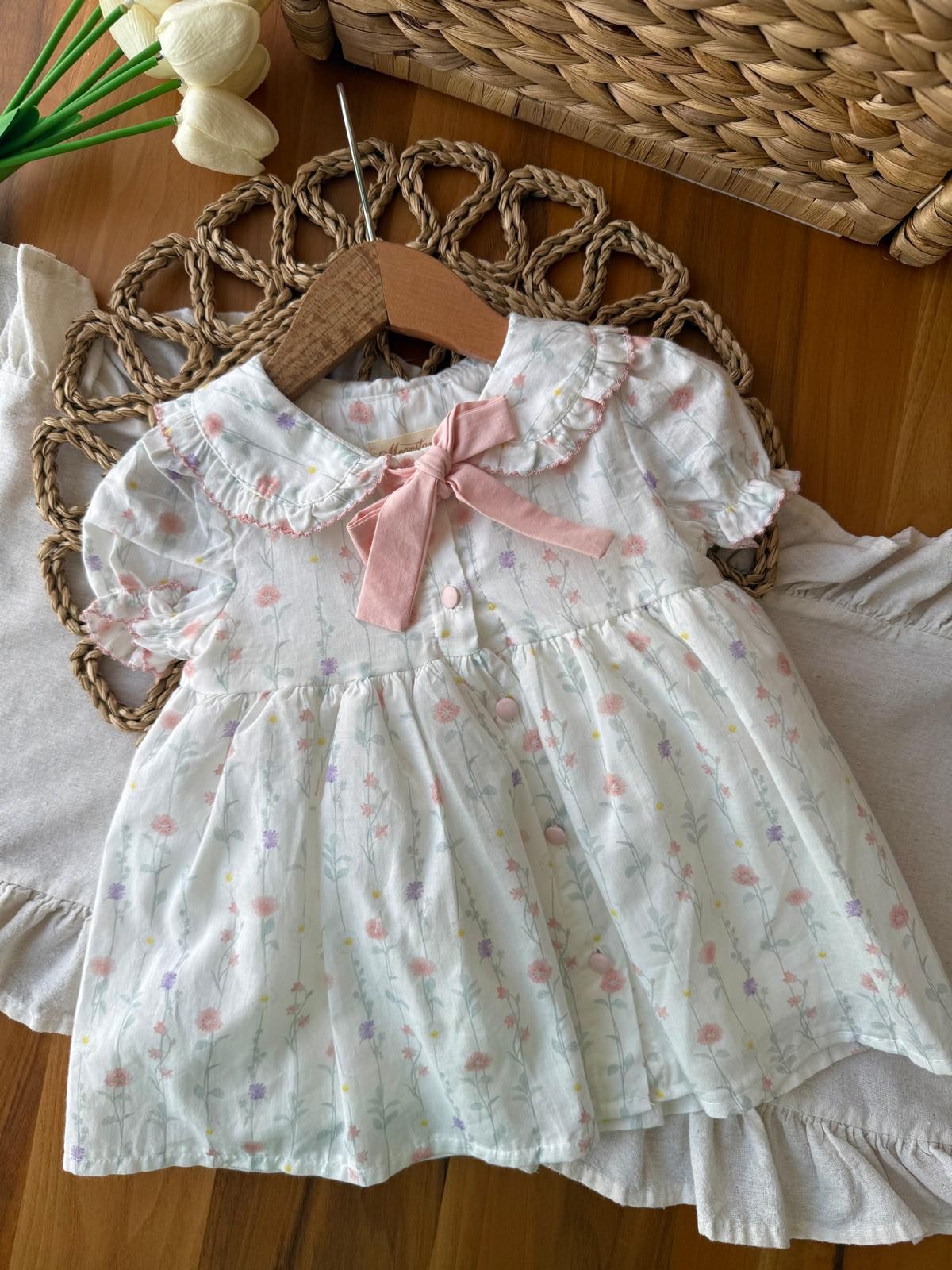 Kız Bebek Pudra Fiyonk Çiçekli Elbise