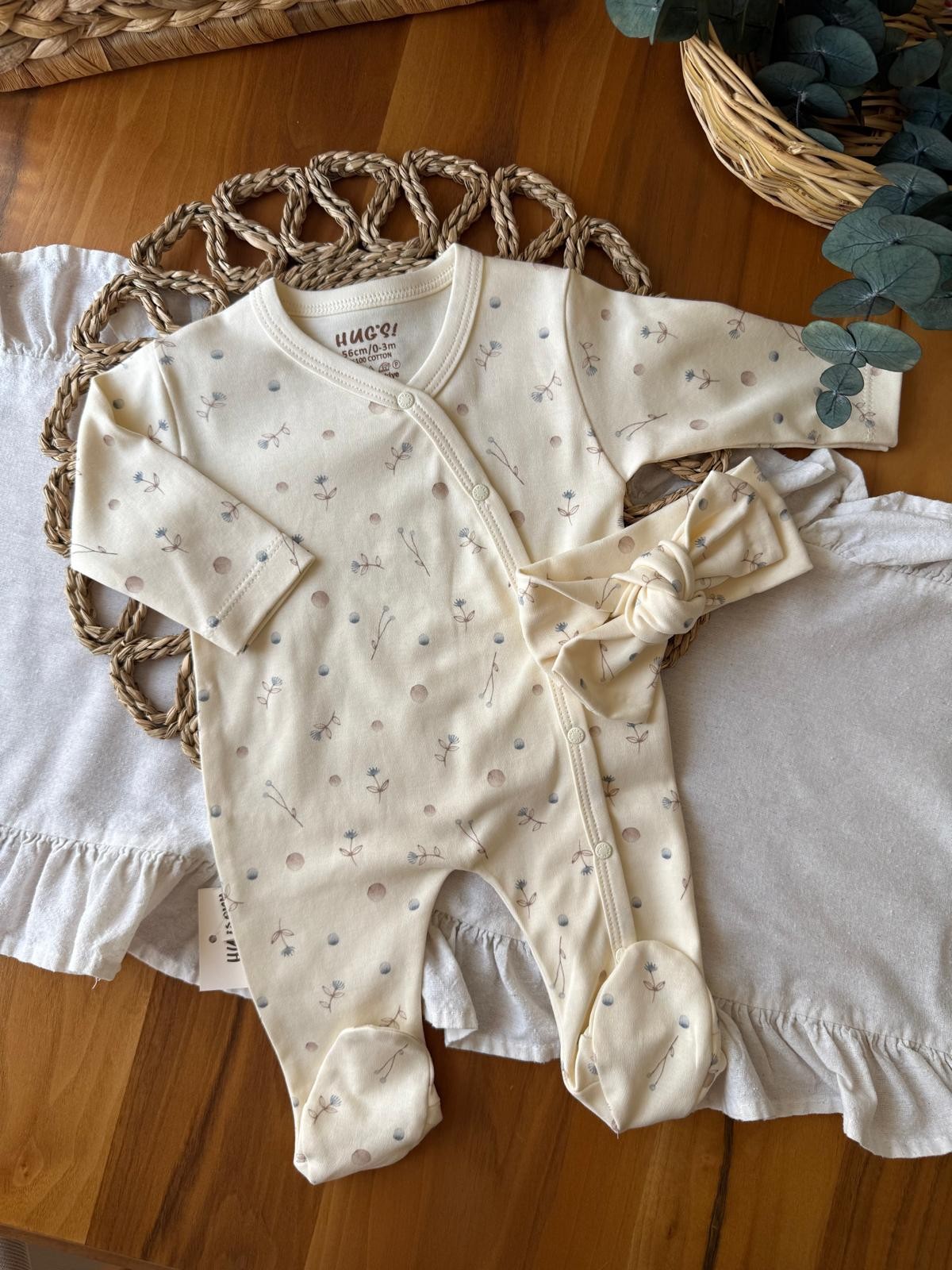 Kız Bebek Bandanalı Krem Tulum