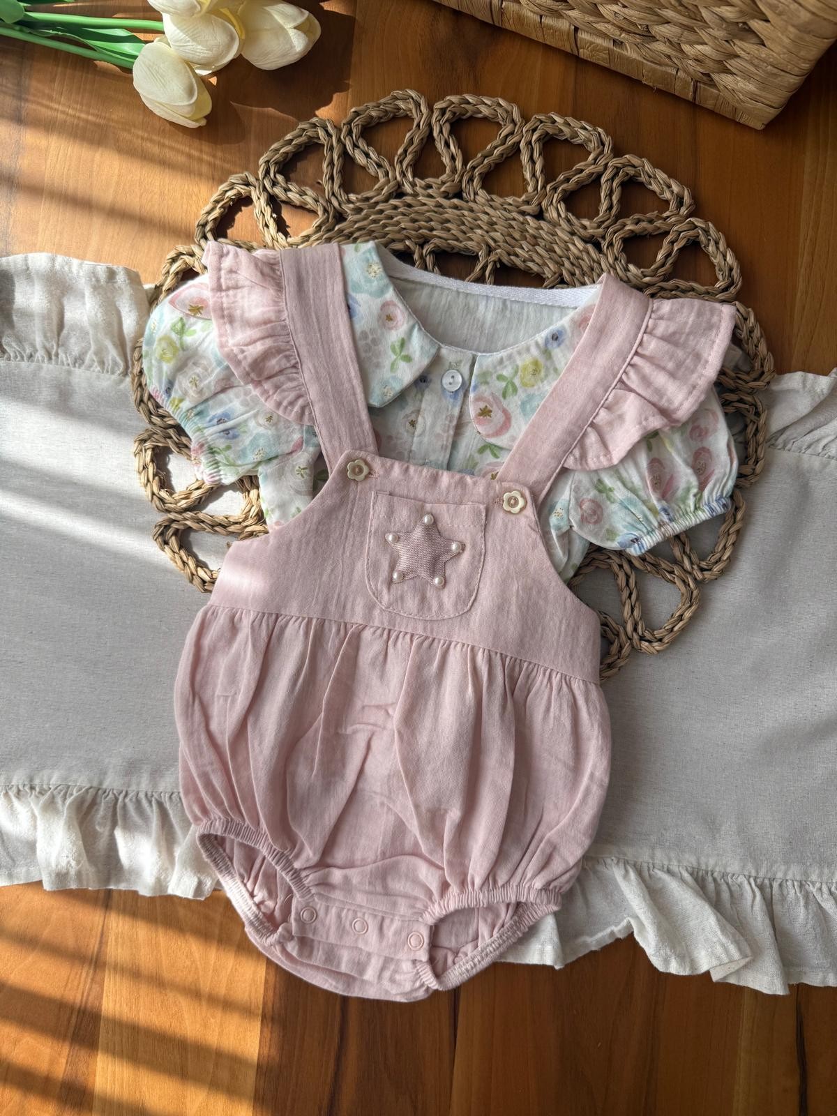 Kız Bebek Pembe Çiçekli Romper Takım