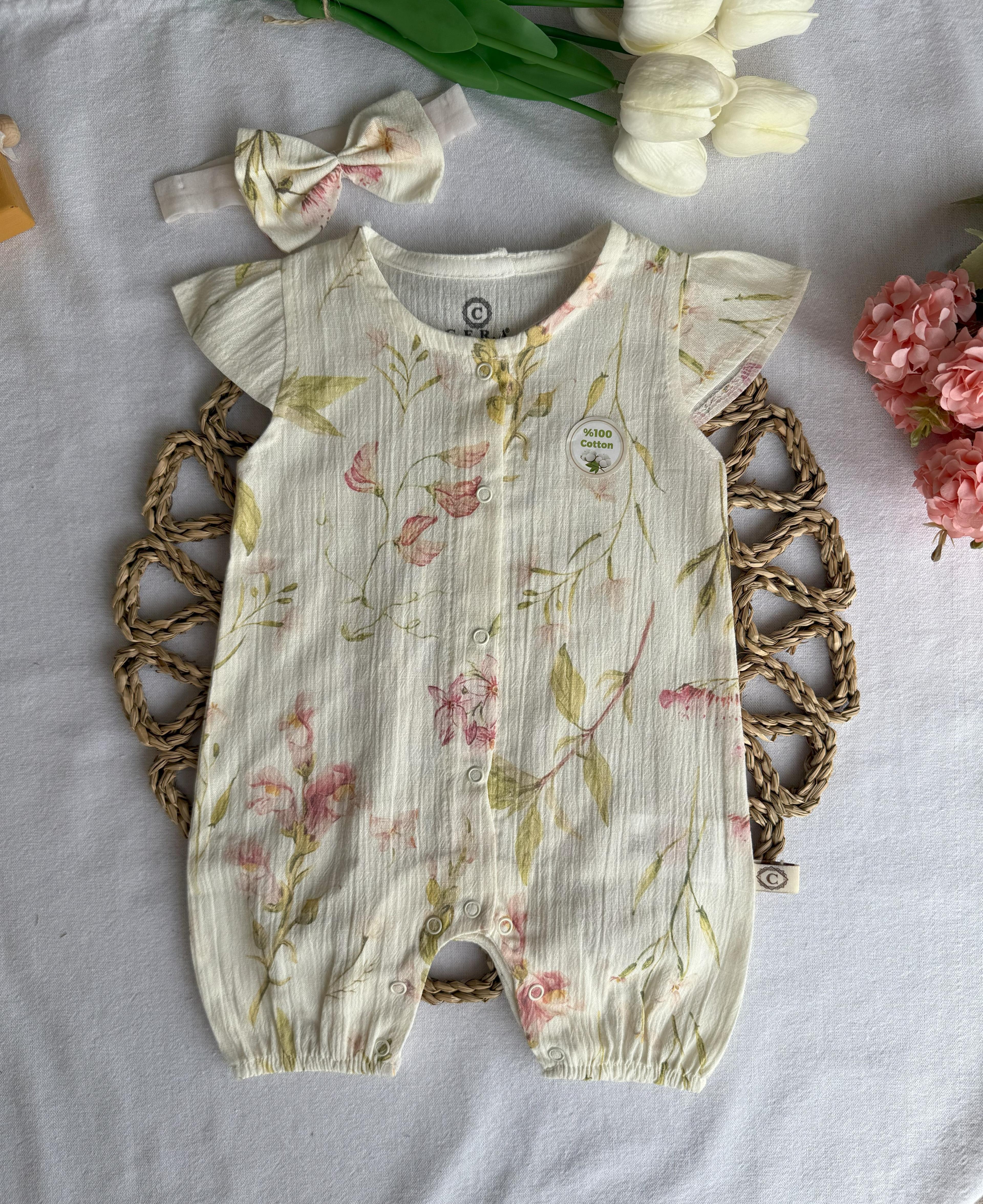 Kız Bebek Çiçekli Ekru Müslin Tulum