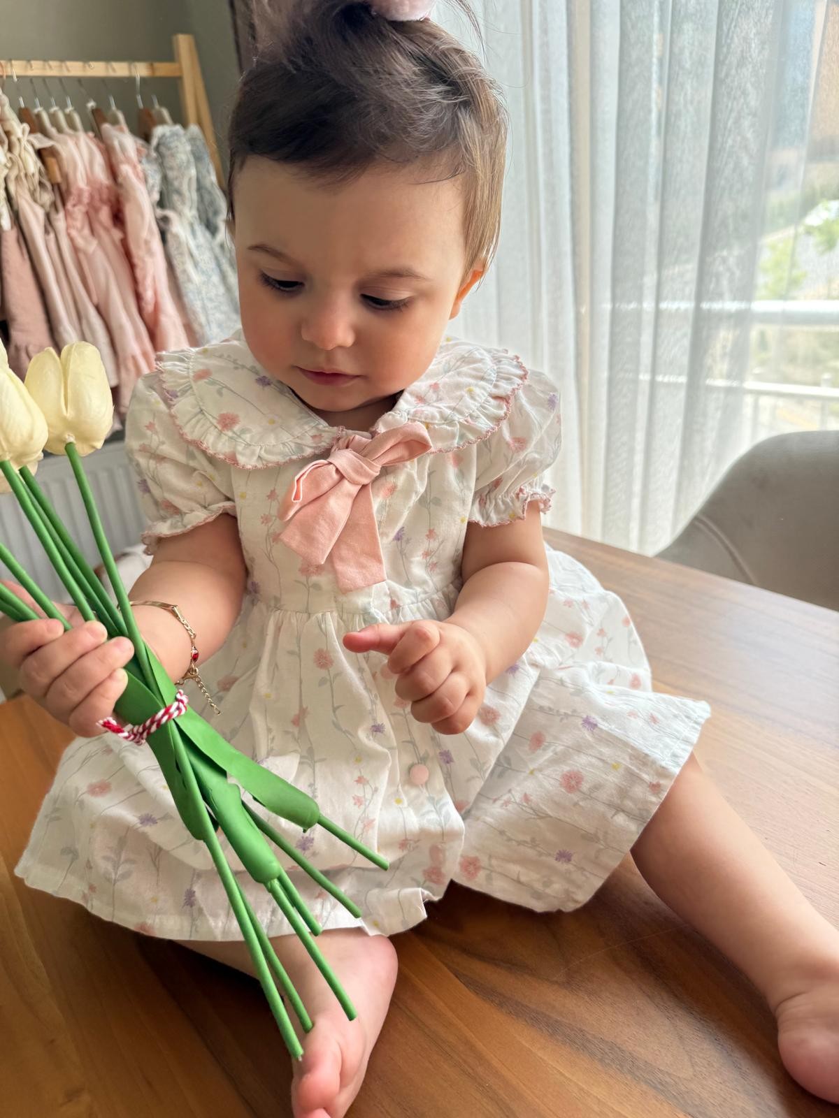 Kız Bebek Pudra Fiyonk Çiçekli Elbise