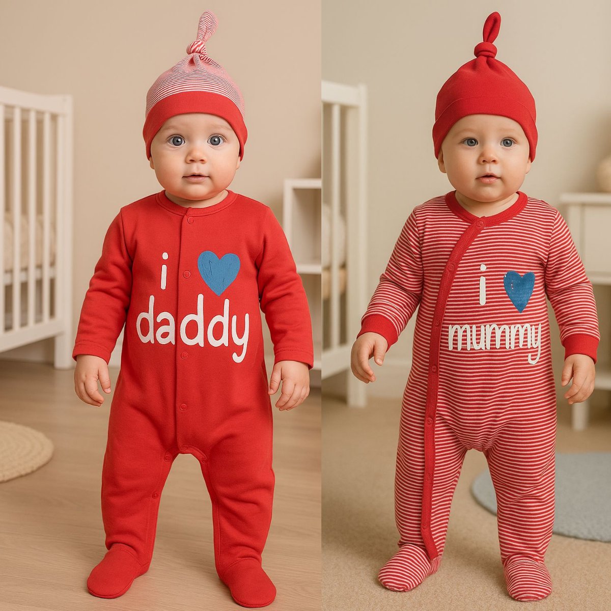 Unisex Çizgili Kırmızı Şapkalı 2'li Tulum