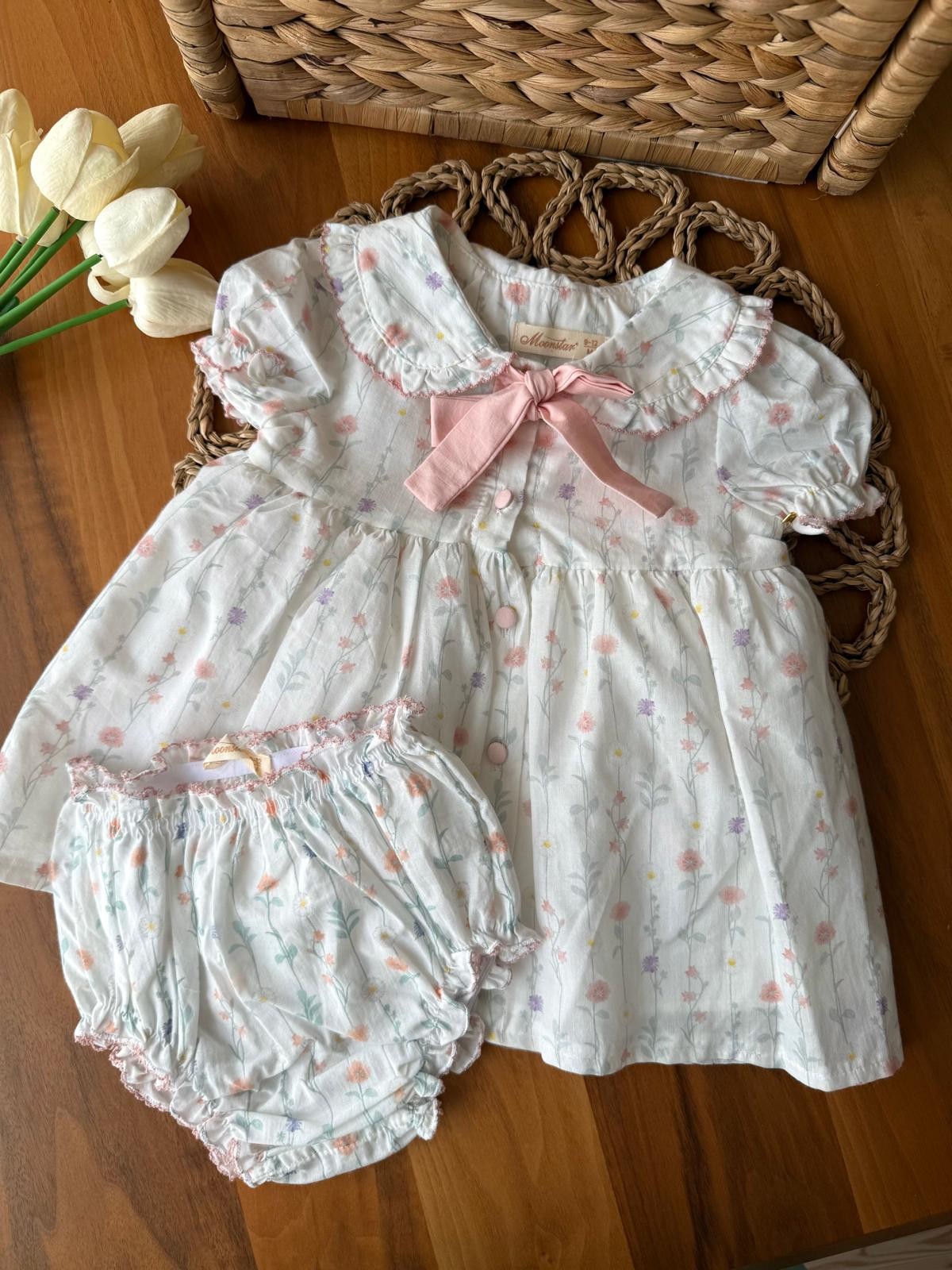 Kız Bebek Pudra Fiyonk Çiçekli Elbise