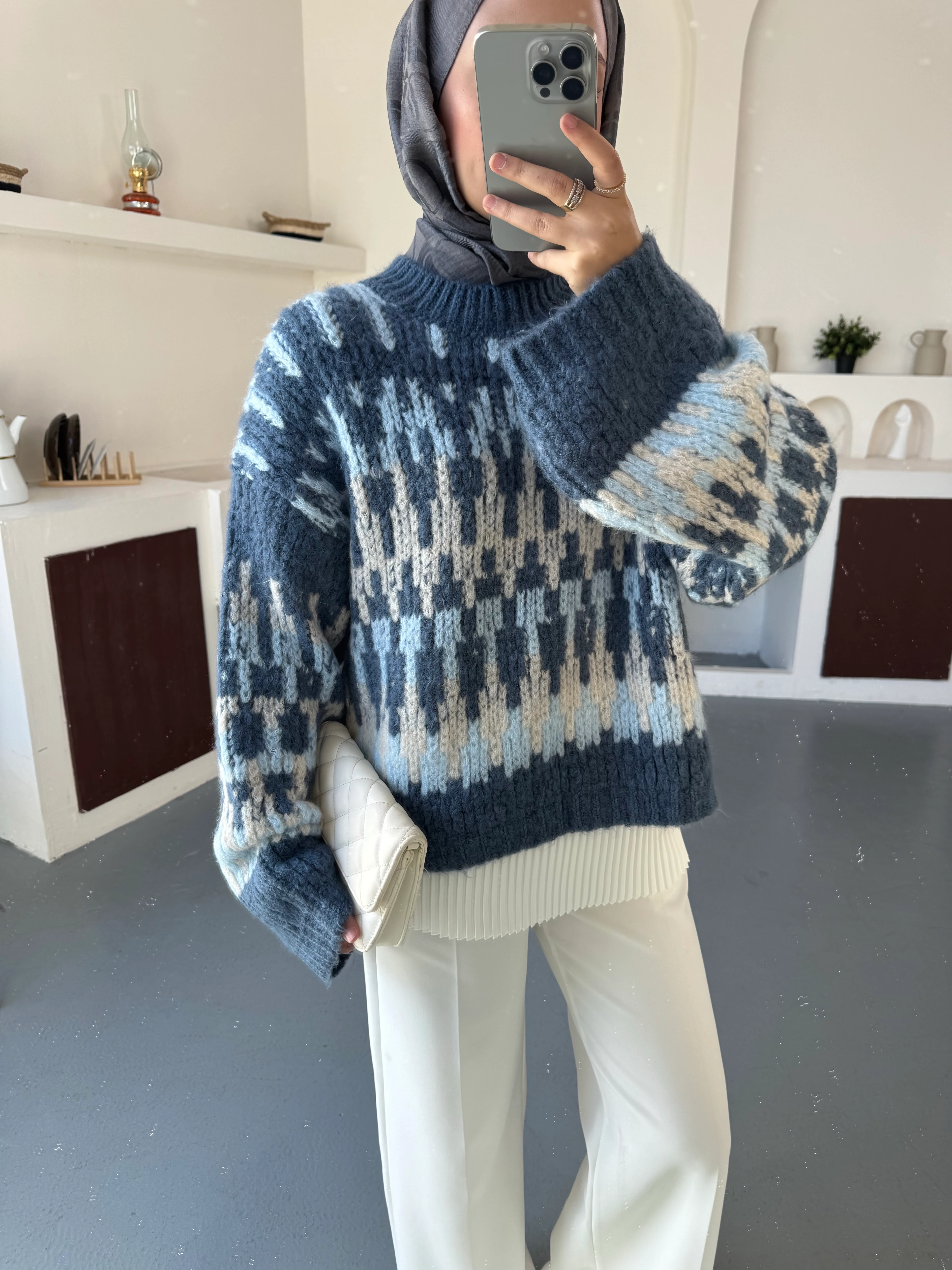 Çok Renkli Triko Mavi