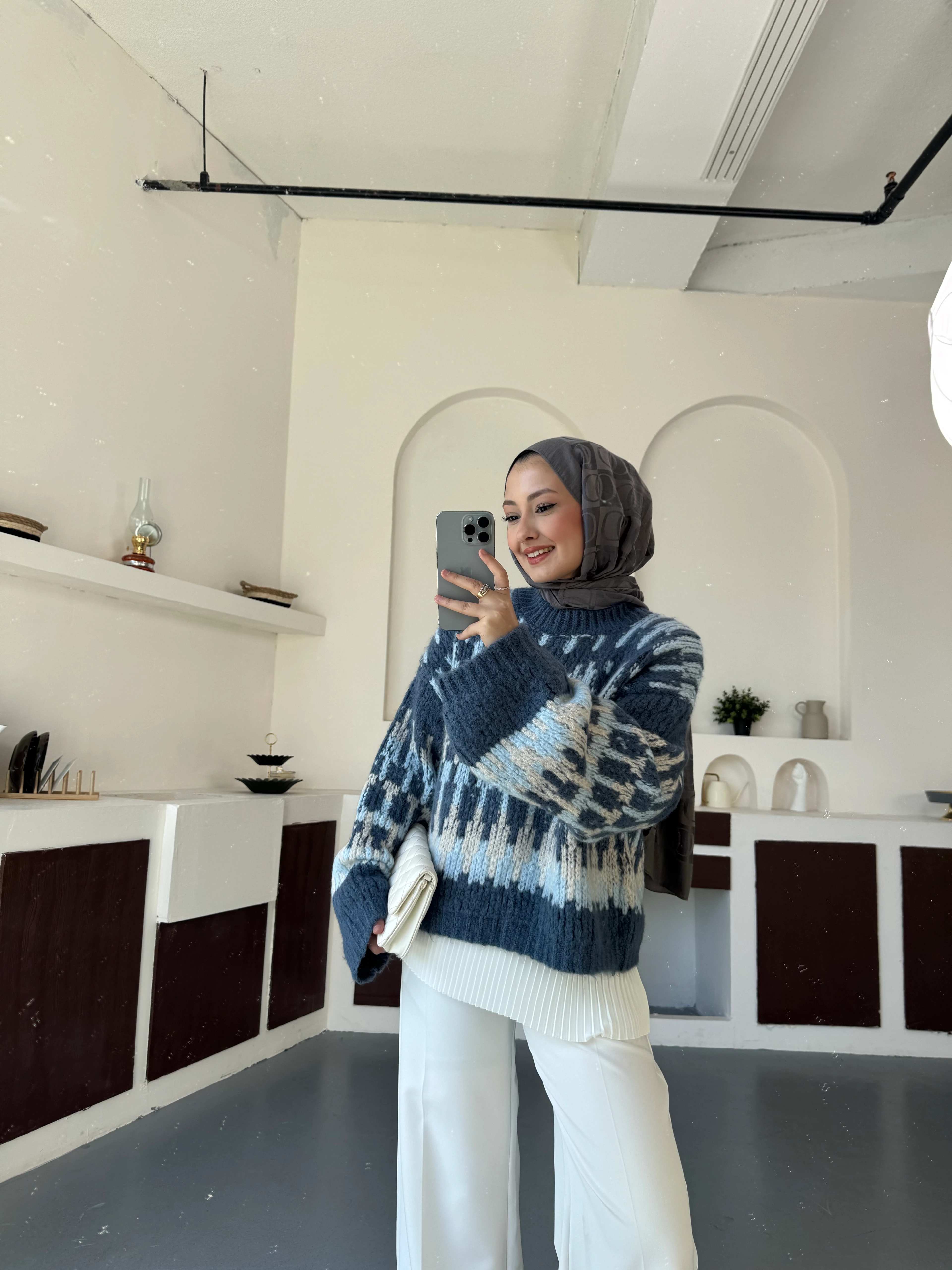 Çok Renkli Triko Mavi