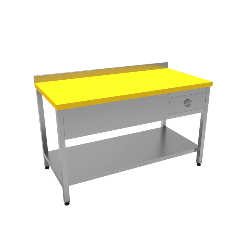 Çalışma Tezgahı Polietilen Tablalı Taban Raflı Tek Çekmeceli 200x70x85 CM Sarı