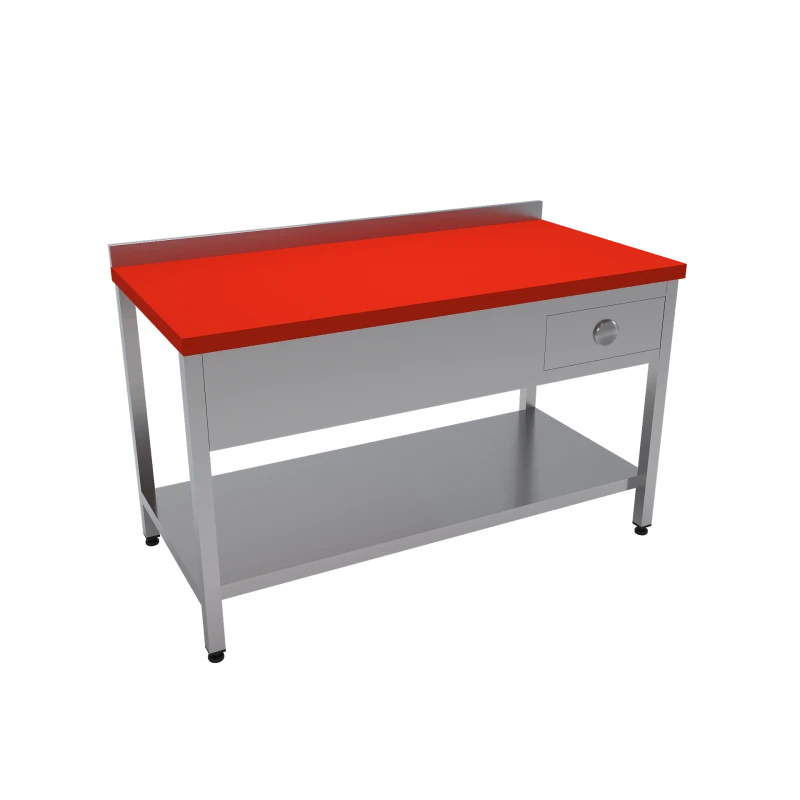 Çalışma Tezgahı Polietilen Tablalı Taban Raflı Tek Çekmeceli 180x60x85 CM Kırmızı
