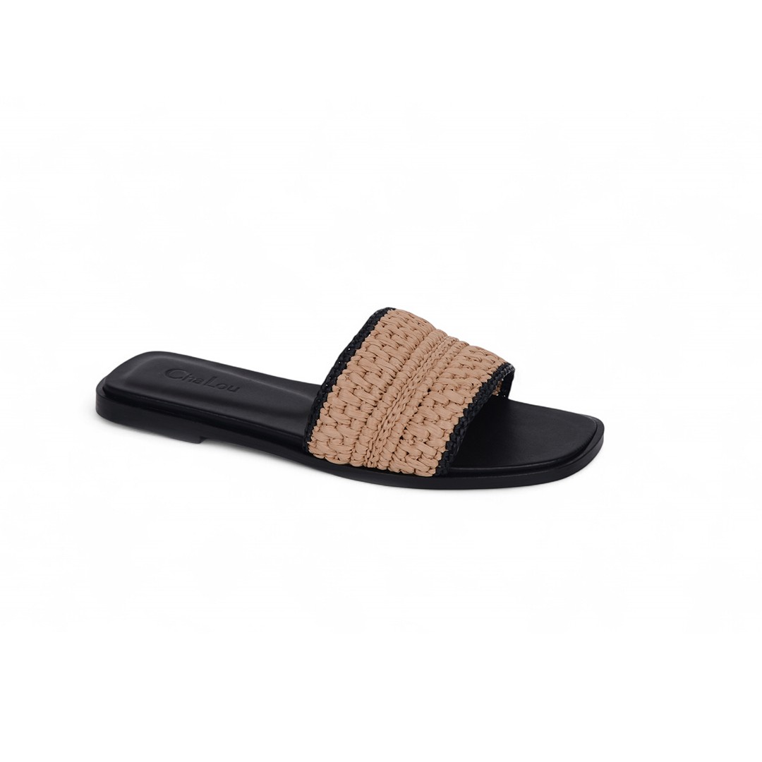 Cha Lou Beige & Black Striped Slippers