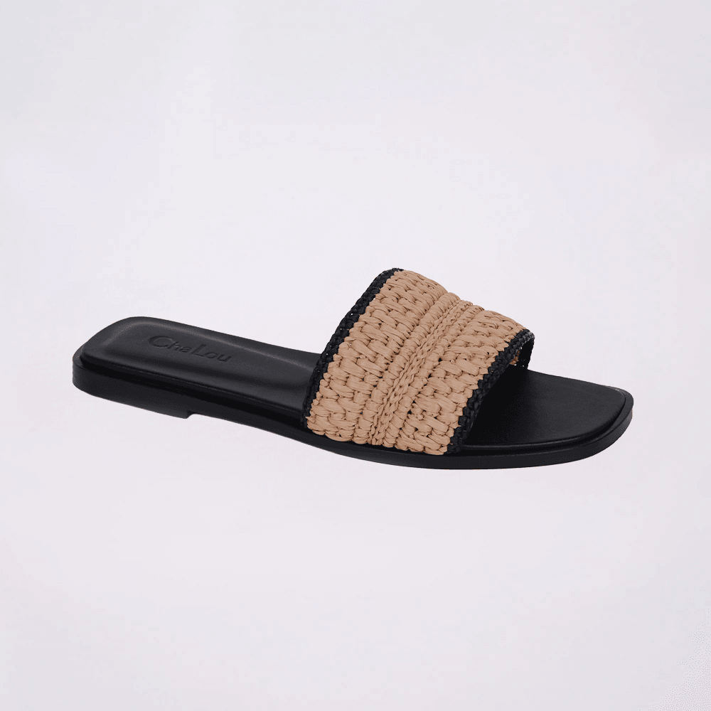 Cha Lou Beige & Black Striped Slippers