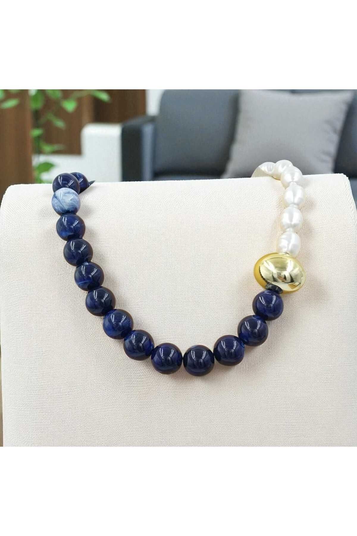 İncili Lacivert Top Boncuk Kolye