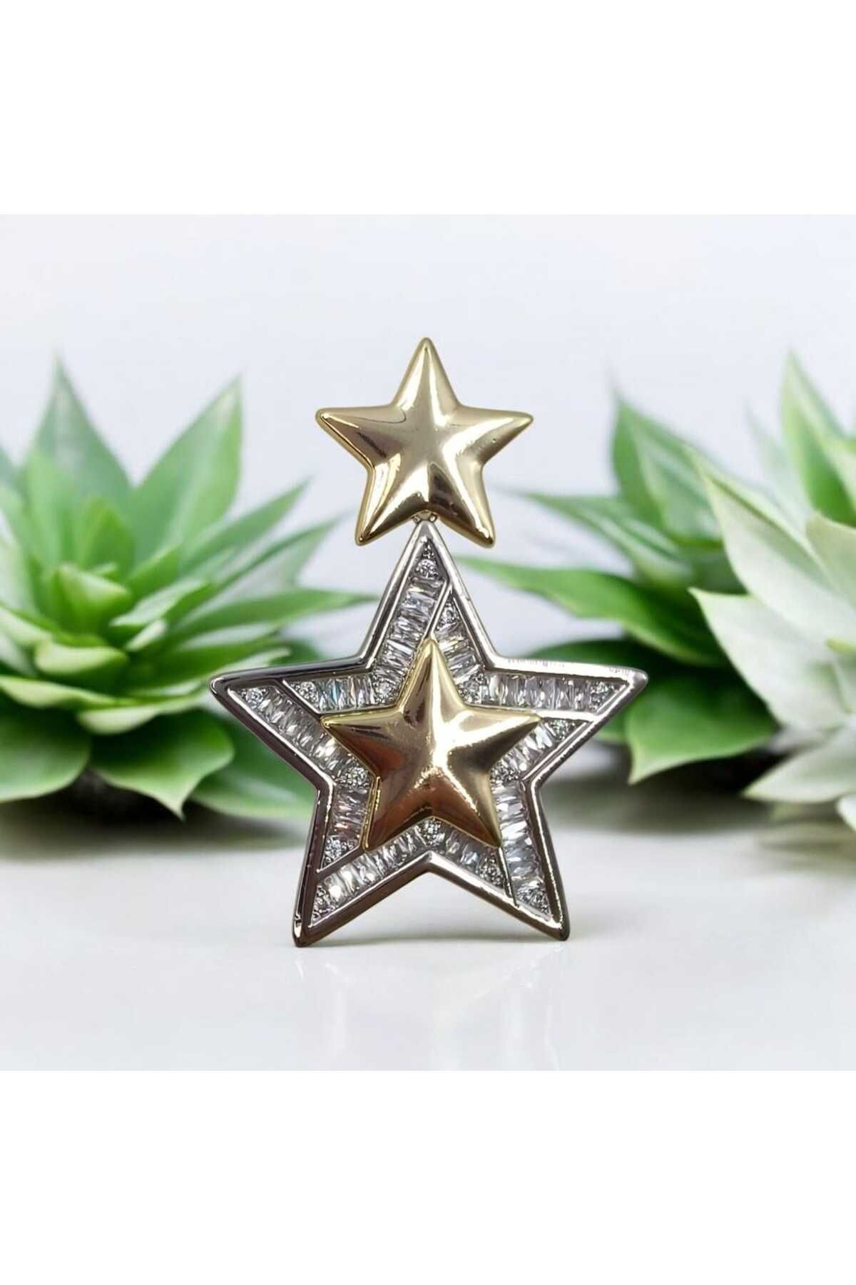 Zirkon Taşlı Gold Detaylı Yıldız Küpe