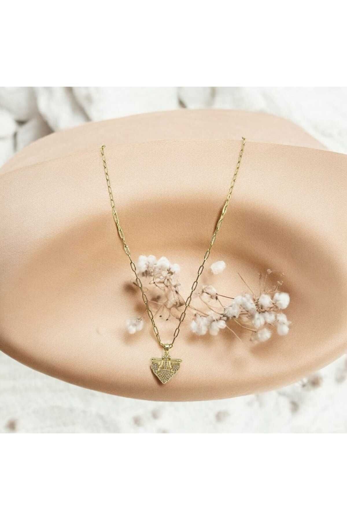 Gold Renk Çapa Model Taşlı Serenay Kolyesi