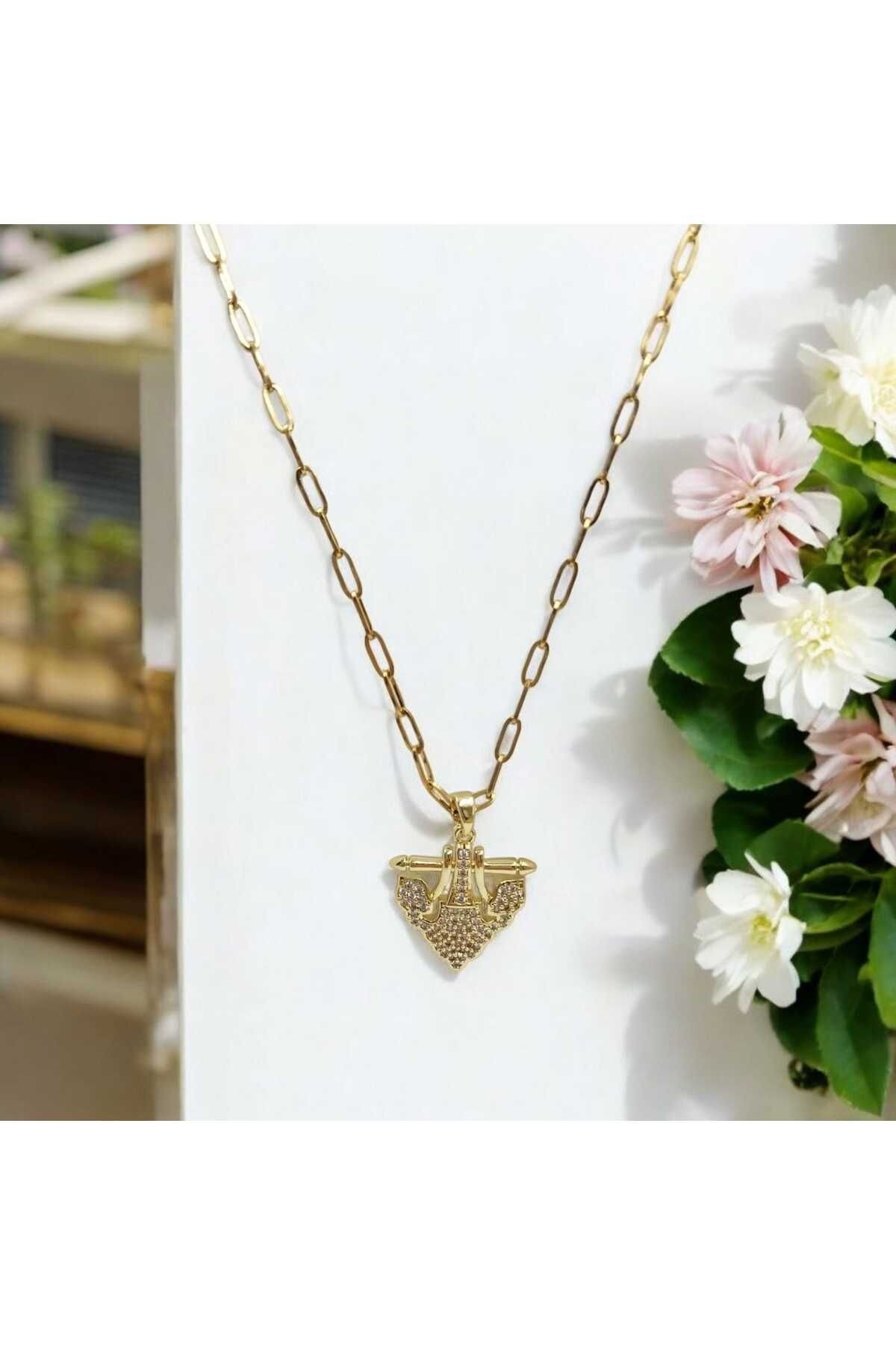 Gold Renk Çapa Model Taşlı Serenay Kolyesi