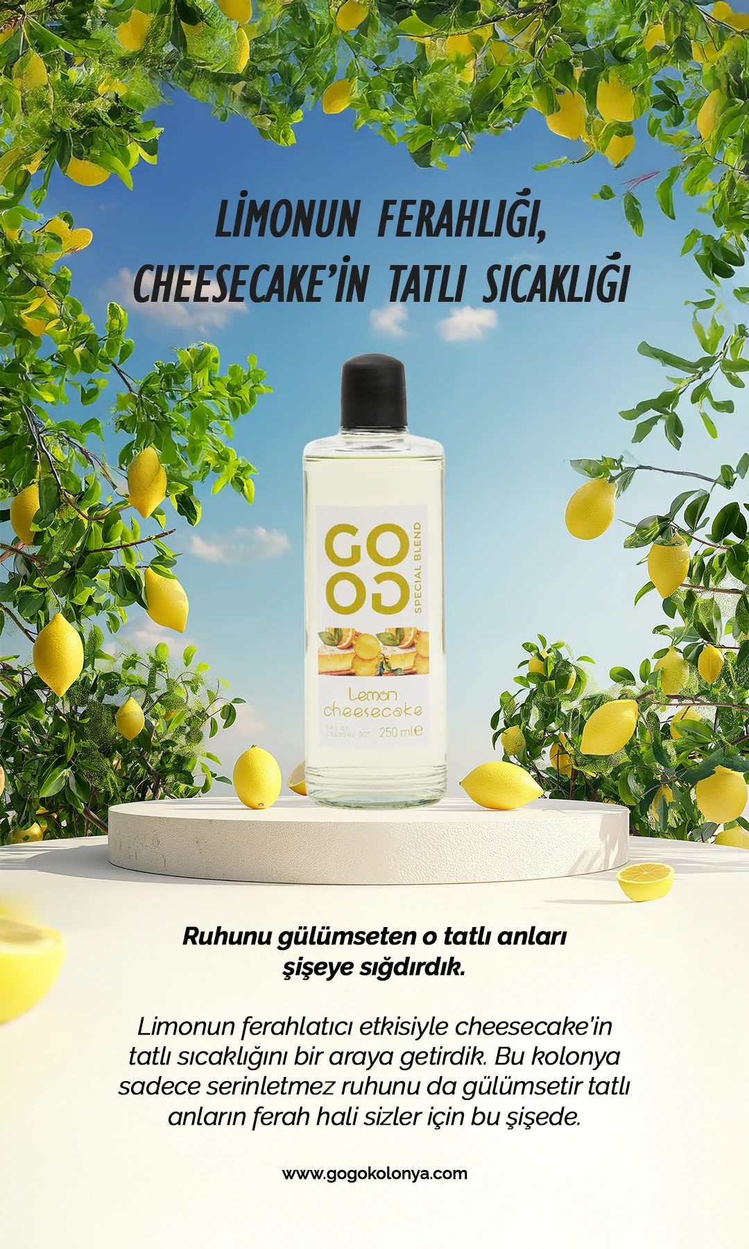 Gogo 5'li Kolonya Seti 250ml Cam Şişe (Love, Aqua, , Lemon&Cheesecake, Japon Kiraz Çiçeği, Spice)