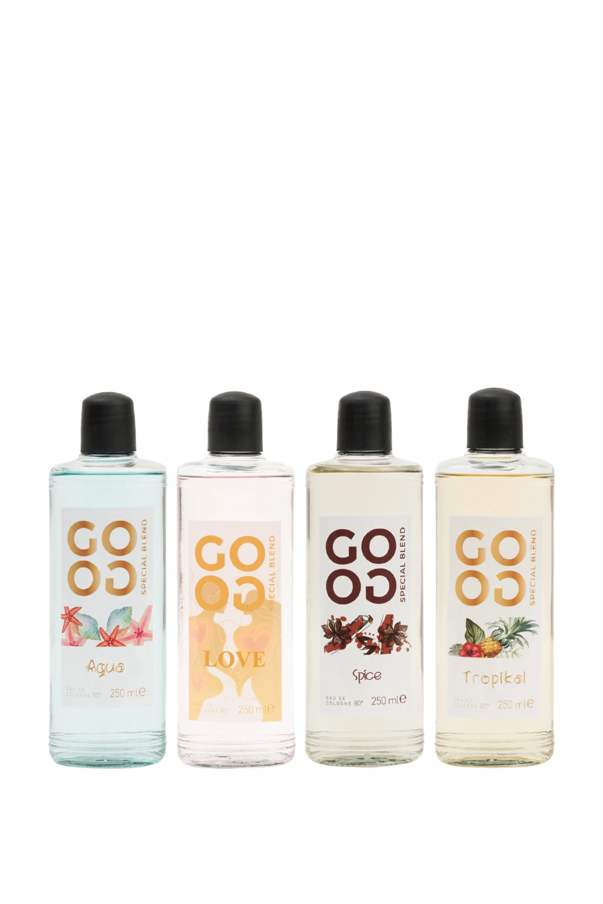 Gogo 4'lü Kolonya Seti 250ml Cam Şişe (Aqua - Love - Spice - Tropikal)