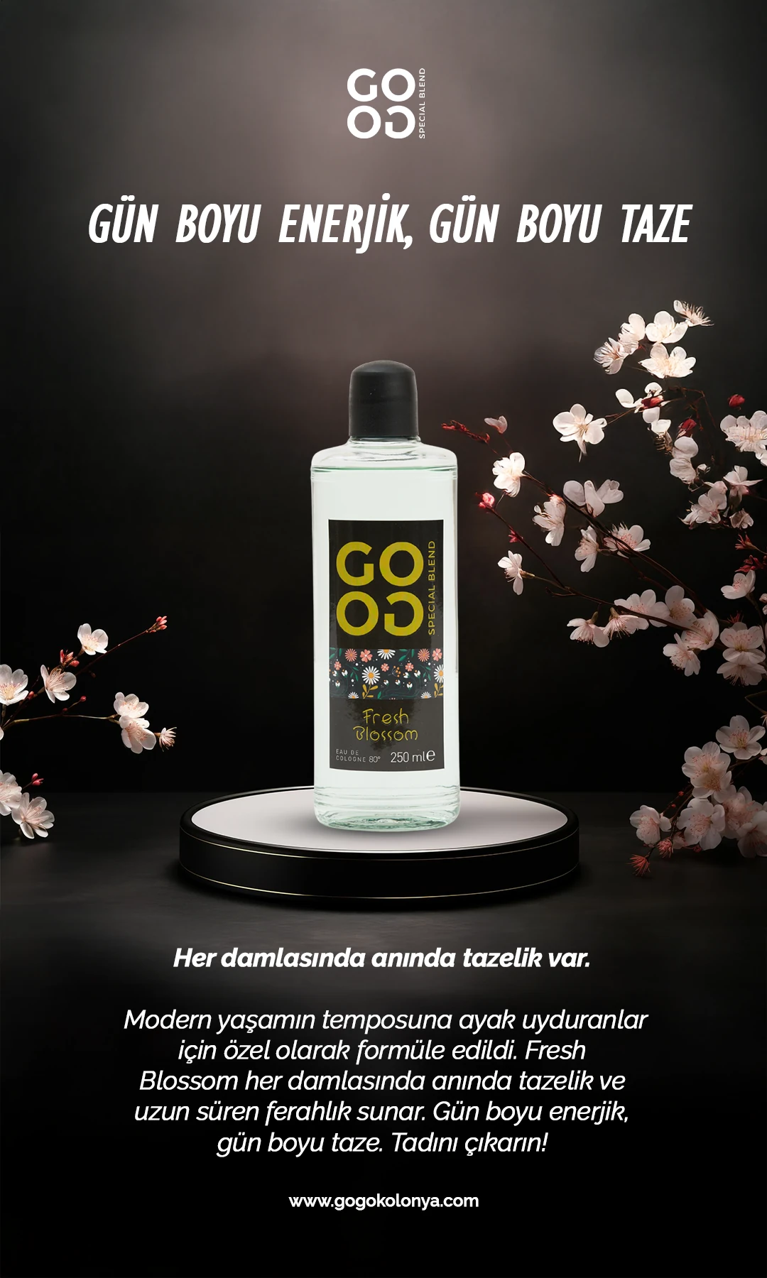 Gogo 4'lü Kolonya Seti 250ml Cam Şişe (Fresh Blossom, Lemon Cheesecake, Aqua, Japon Kiraz Çiçeği)