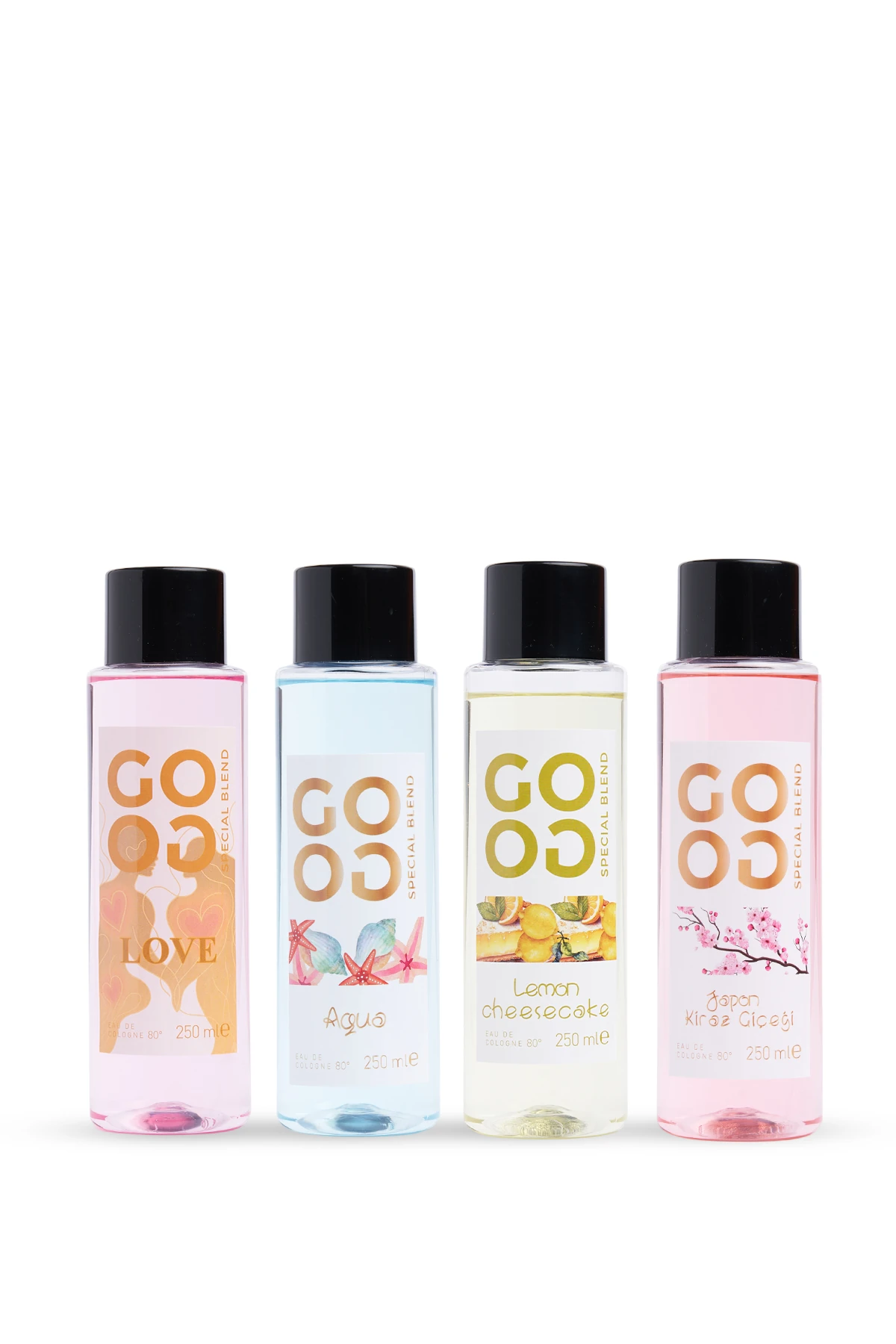 Gogo 4'lü Kolonya Seti 250ml Pet Şişe (Love, Aqua, , Lemon&Cheesecake, Japon Kiraz Çiçeği)