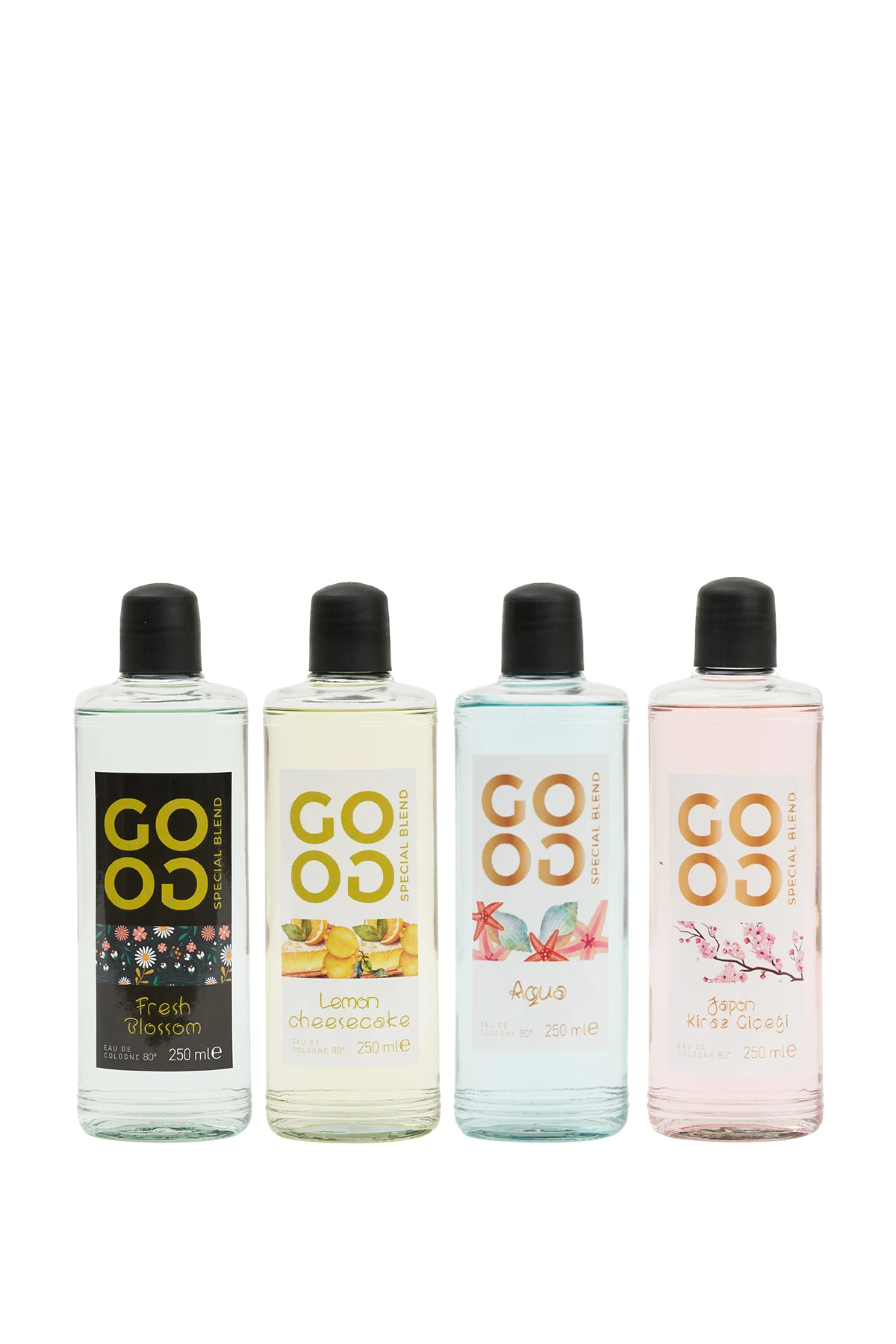 Gogo 4'lü Kolonya Seti 250ml Cam Şişe (Fresh Blossom, Lemon Cheesecake, Aqua, Japon Kiraz Çiçeği)