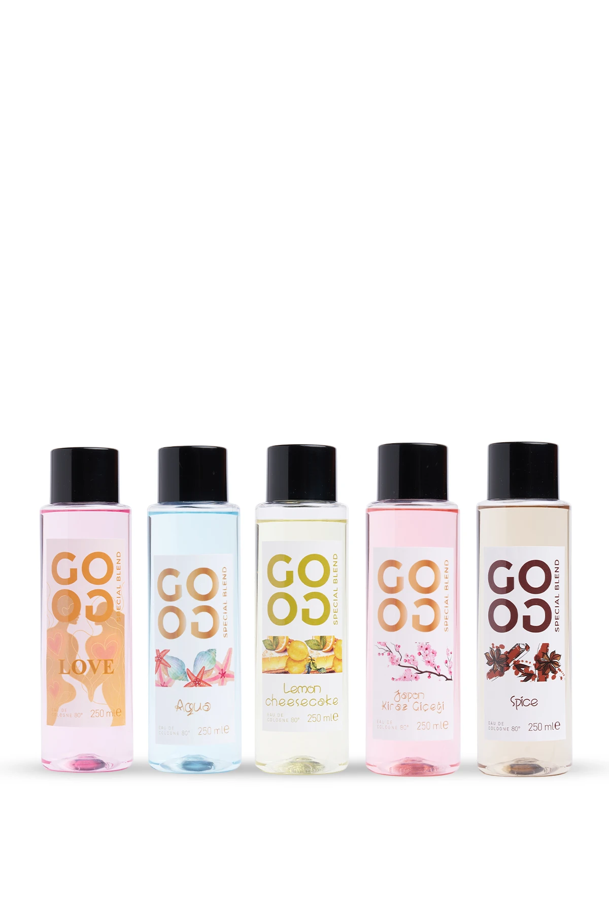 Gogo 5'li Kolonya Seti 250ml Pet Şişe (Love, Aqua, , Lemon&Cheesecake, Japon Kiraz Çiçeği, Spice)