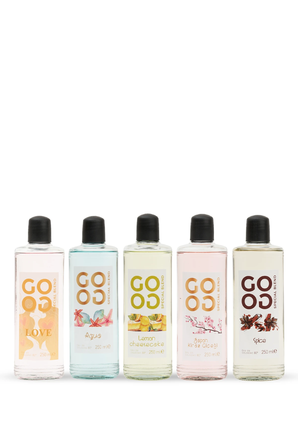 Gogo 5'li Kolonya Seti 250ml Cam Şişe (Love, Aqua, , Lemon&Cheesecake, Japon Kiraz Çiçeği, Spice)