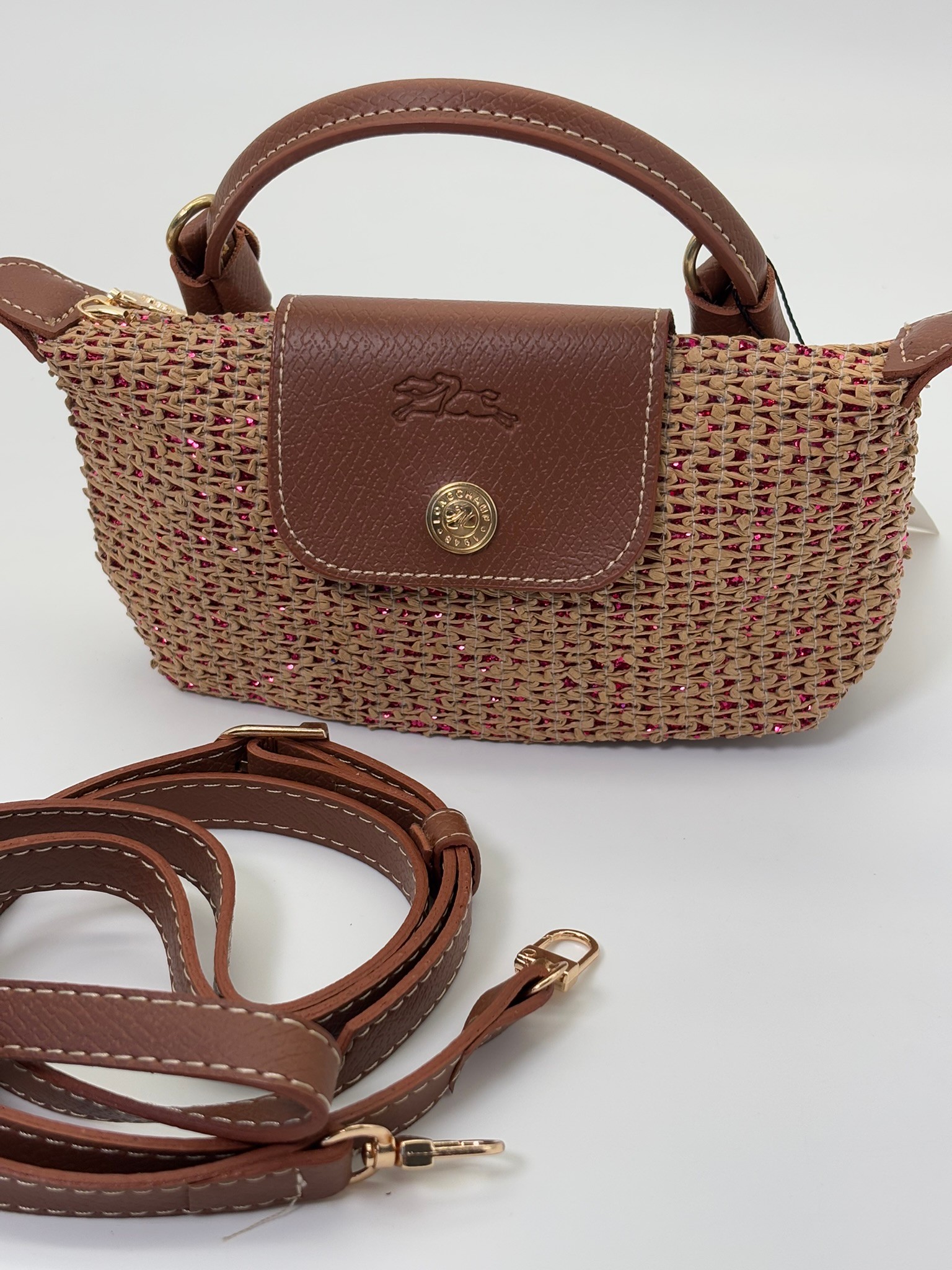LONGCHAMP LE PLİAGE MOR HASIRLI XS EL ÇANTASI 