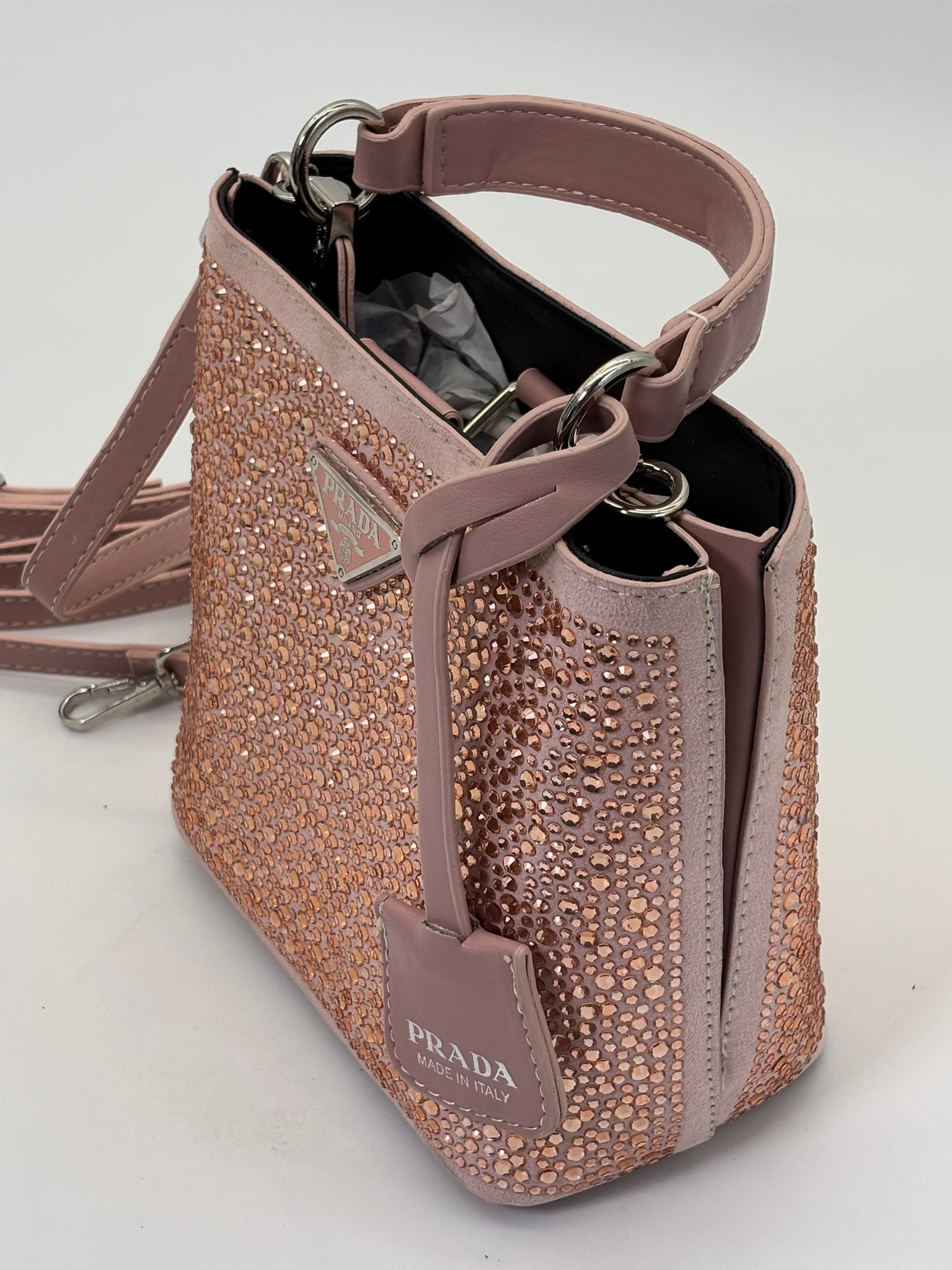 PRADA PAİNER PEMBE KRİSTALLİ SATEN İTHAL ÇANTA